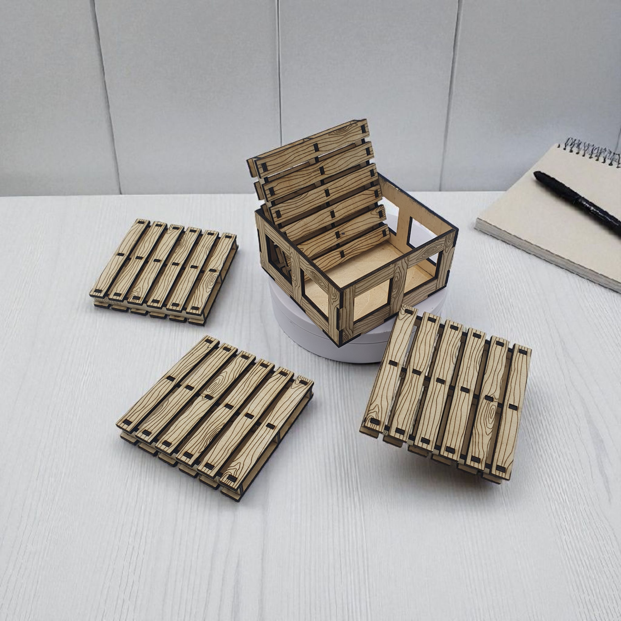 Wooden Drinks Coaster Set – 4 Pallets with Storage Box | Rustic Handmade Décor