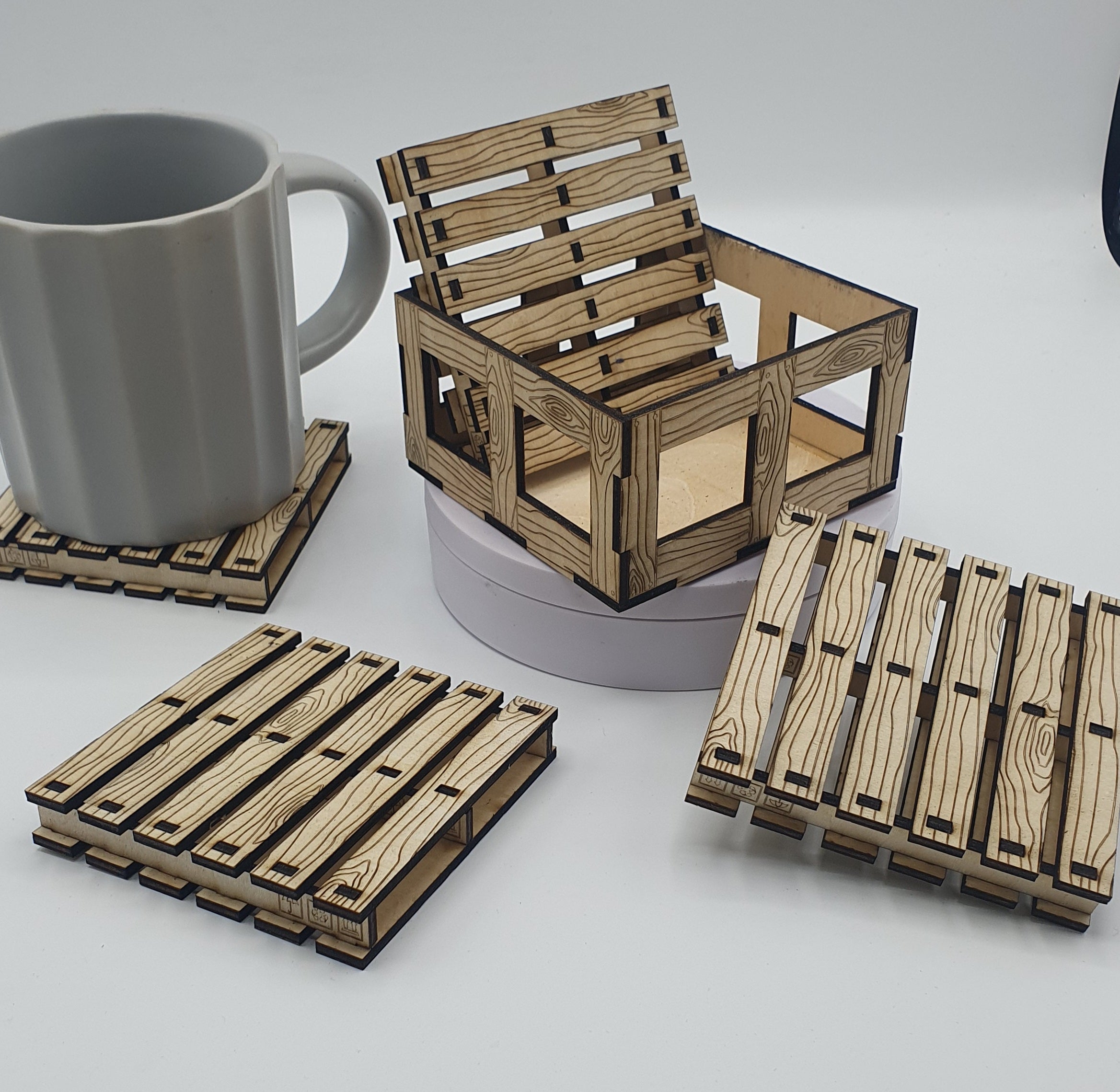 Wooden Drinks Coaster Set – 4 Pallets with Storage Box | Rustic Handmade Décor