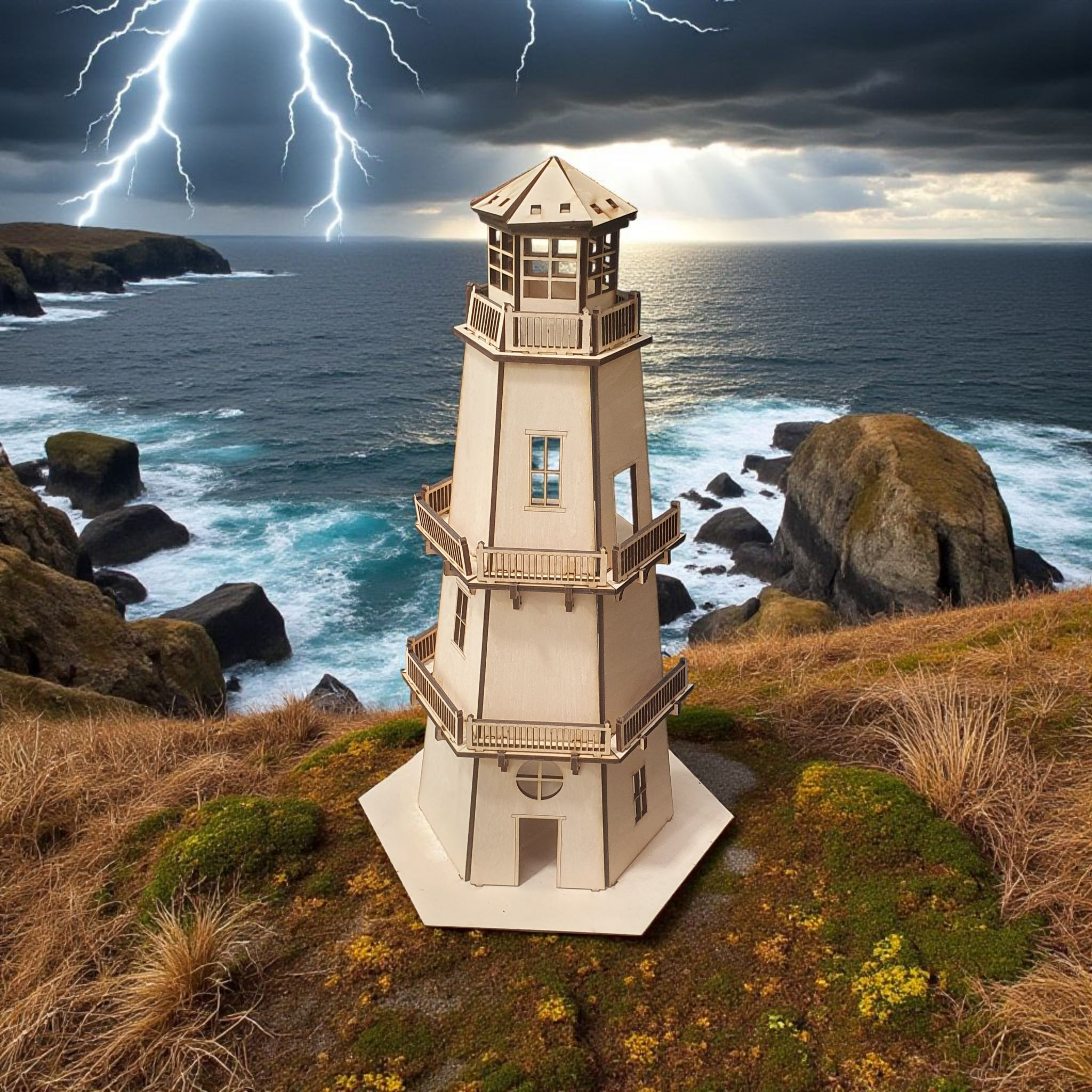 Wooden Lighthouse Kit – 36cm Tall Open-Back Design with T-Light