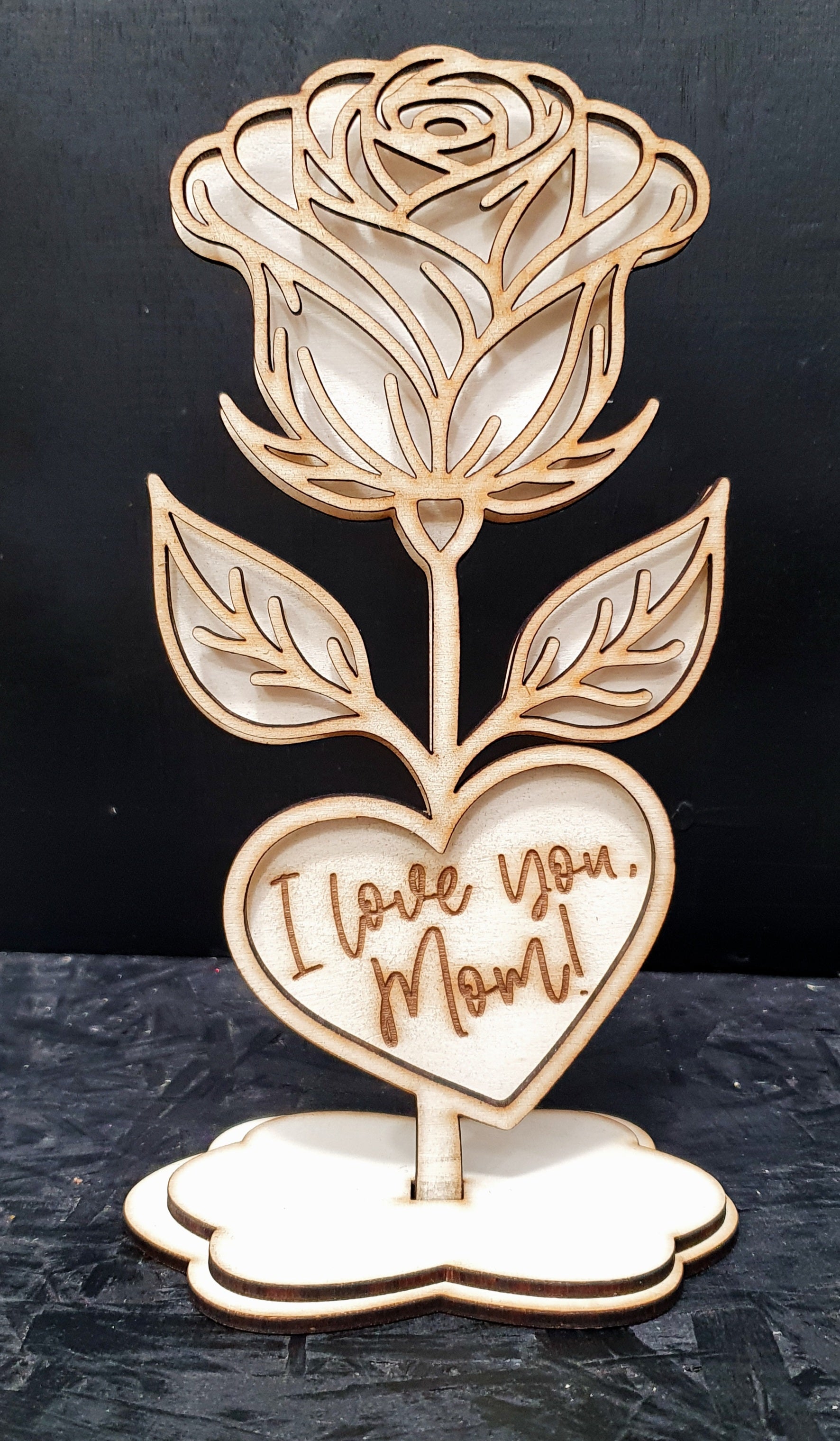 Wooden Rose with Stand – “I Love You Mom!” | Elegant Keepsake Gift