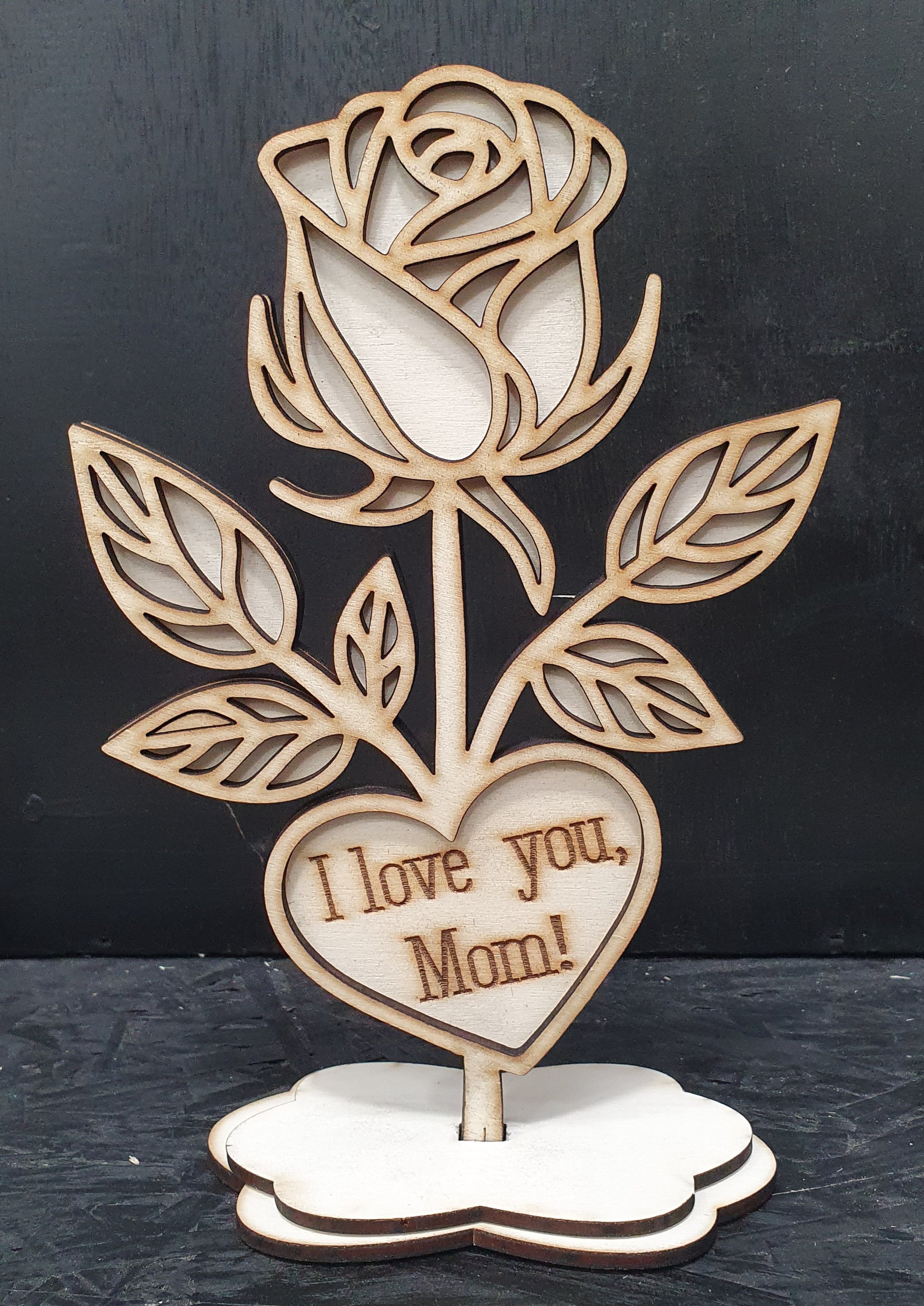Wooden Rose with Stand – “I Love You, Mom!” | Heartfelt Gift & Keepsake