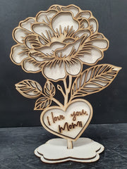 Wooden Flower with Stand – “I Love You, Mom!” | Heartfelt Gift & Keepsake