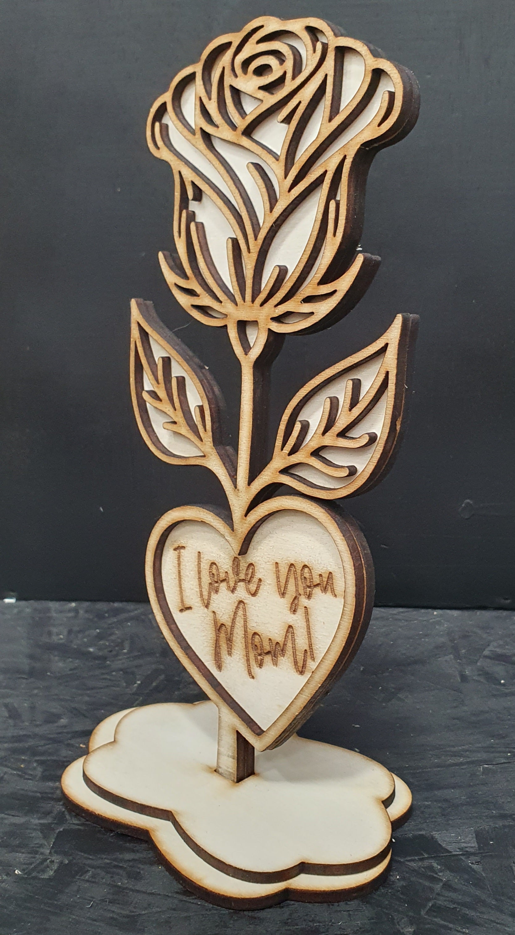 Wooden Rose with Stand – “I Love You Mom!” | Elegant Keepsake Gift