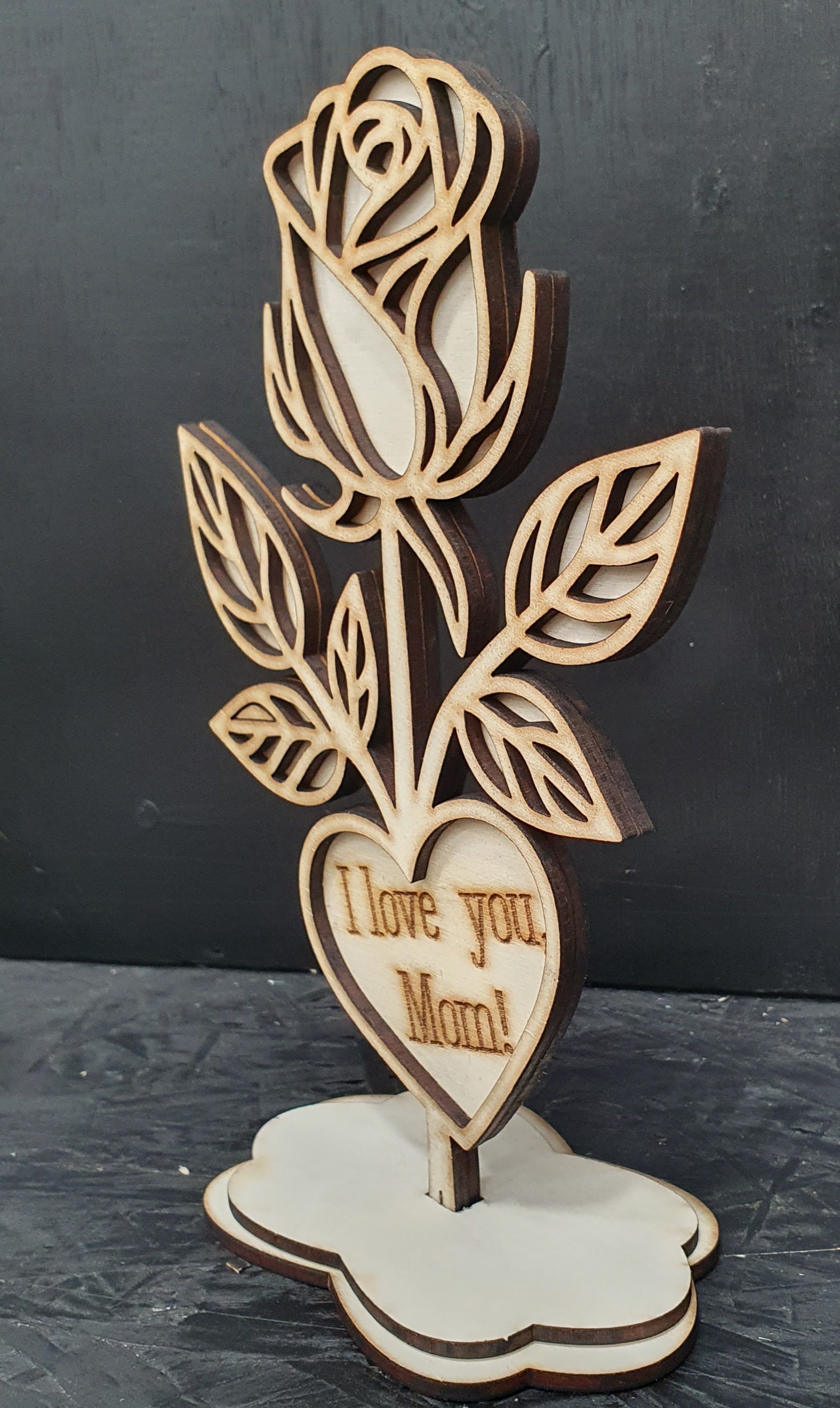 Wooden Rose with Stand – “I Love You, Mom!” | Heartfelt Gift & Keepsake