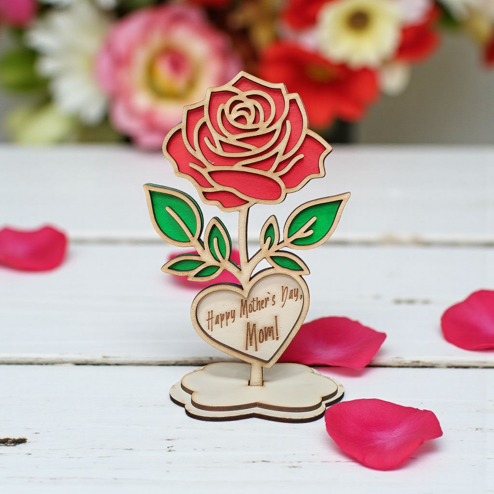 Wooden Rose with Stand – “Happy Mother’s Day, Mom!” | Elegant Keepsake Gift