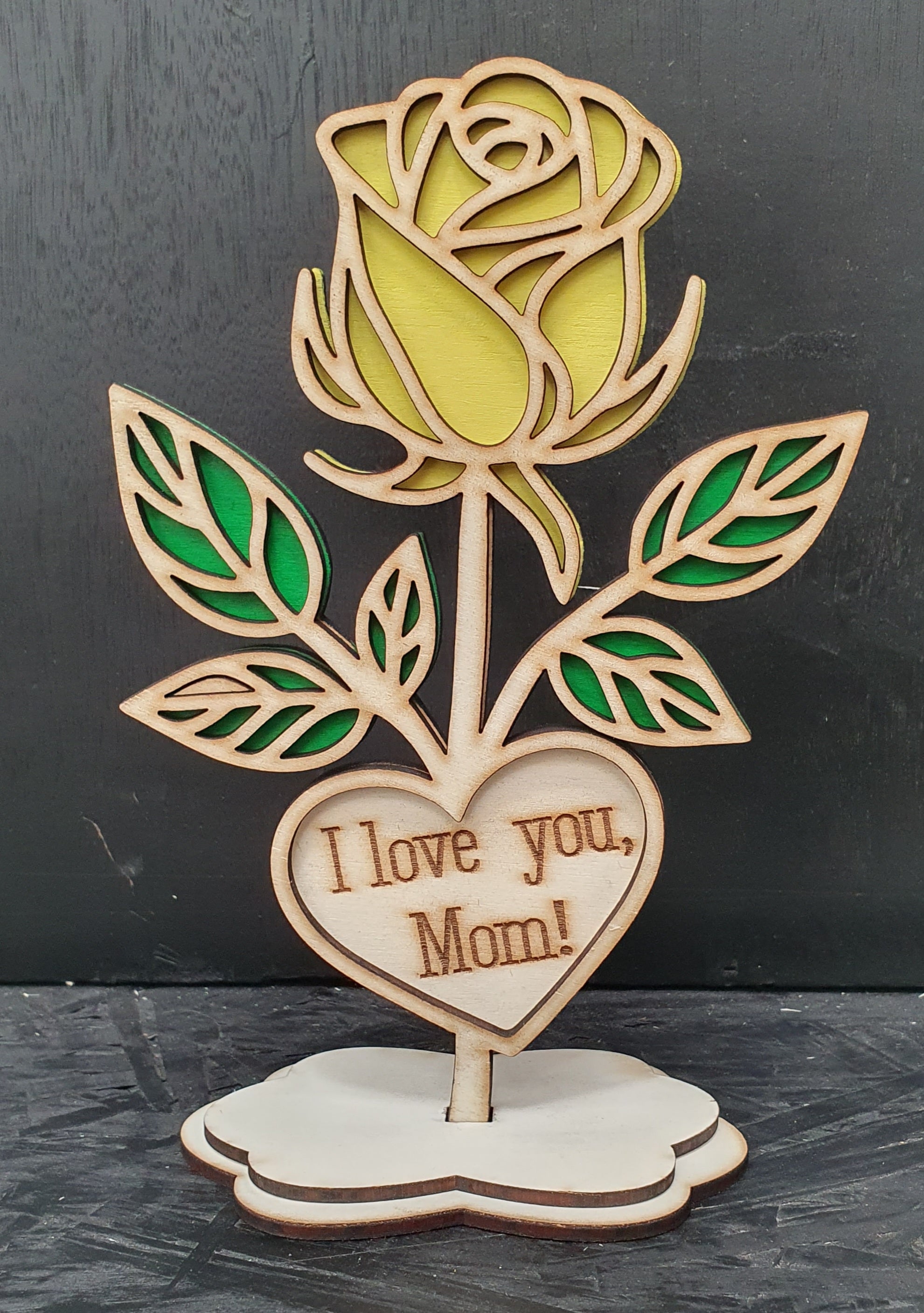 Wooden Rose with Stand – “I Love You, Mom!” | Heartfelt Gift & Keepsake
