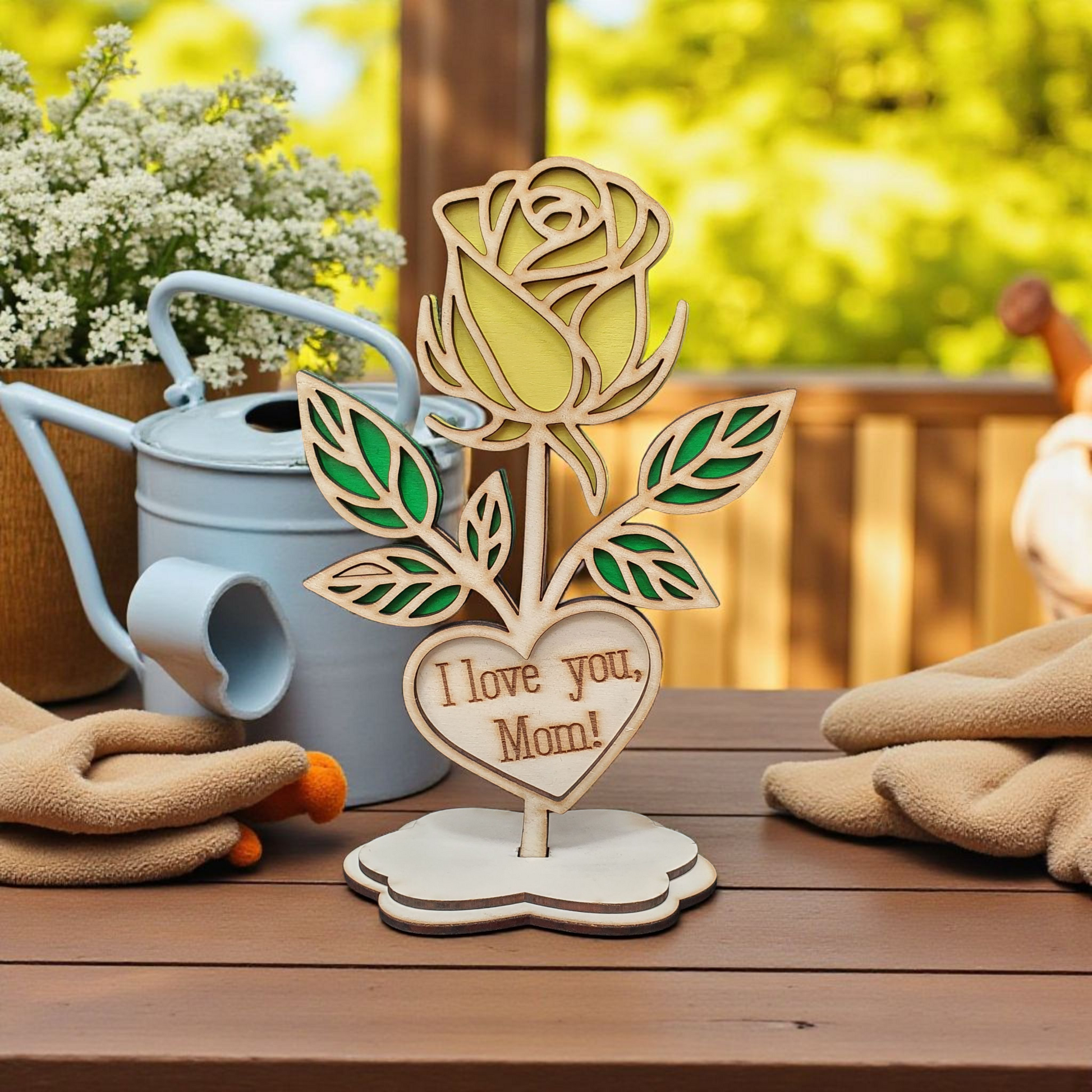Wooden Rose with Stand – “I Love You, Mom!” | Heartfelt Gift & Keepsake