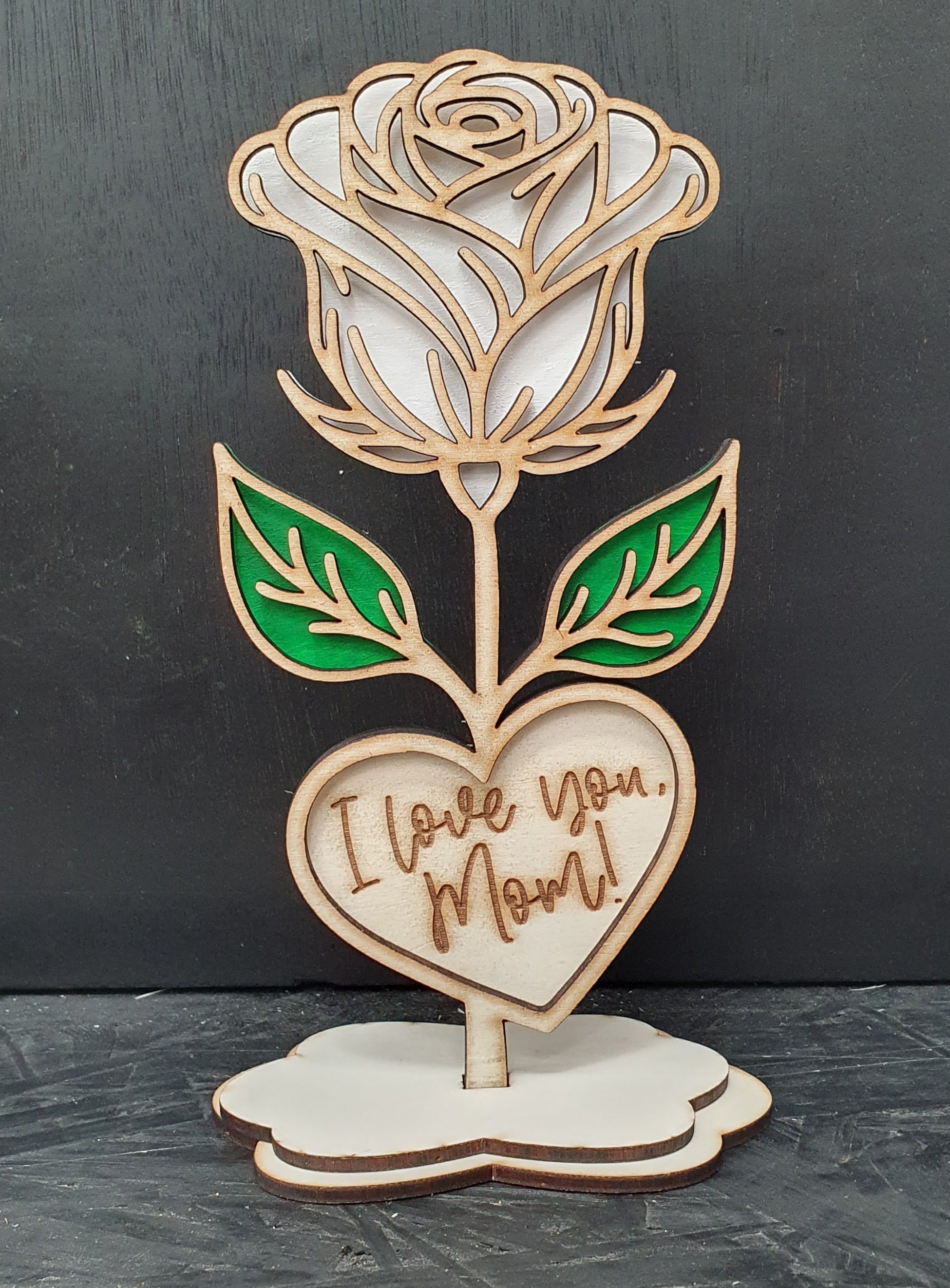 Wooden Rose with Stand – “I Love You Mom!” | Elegant Keepsake Gift