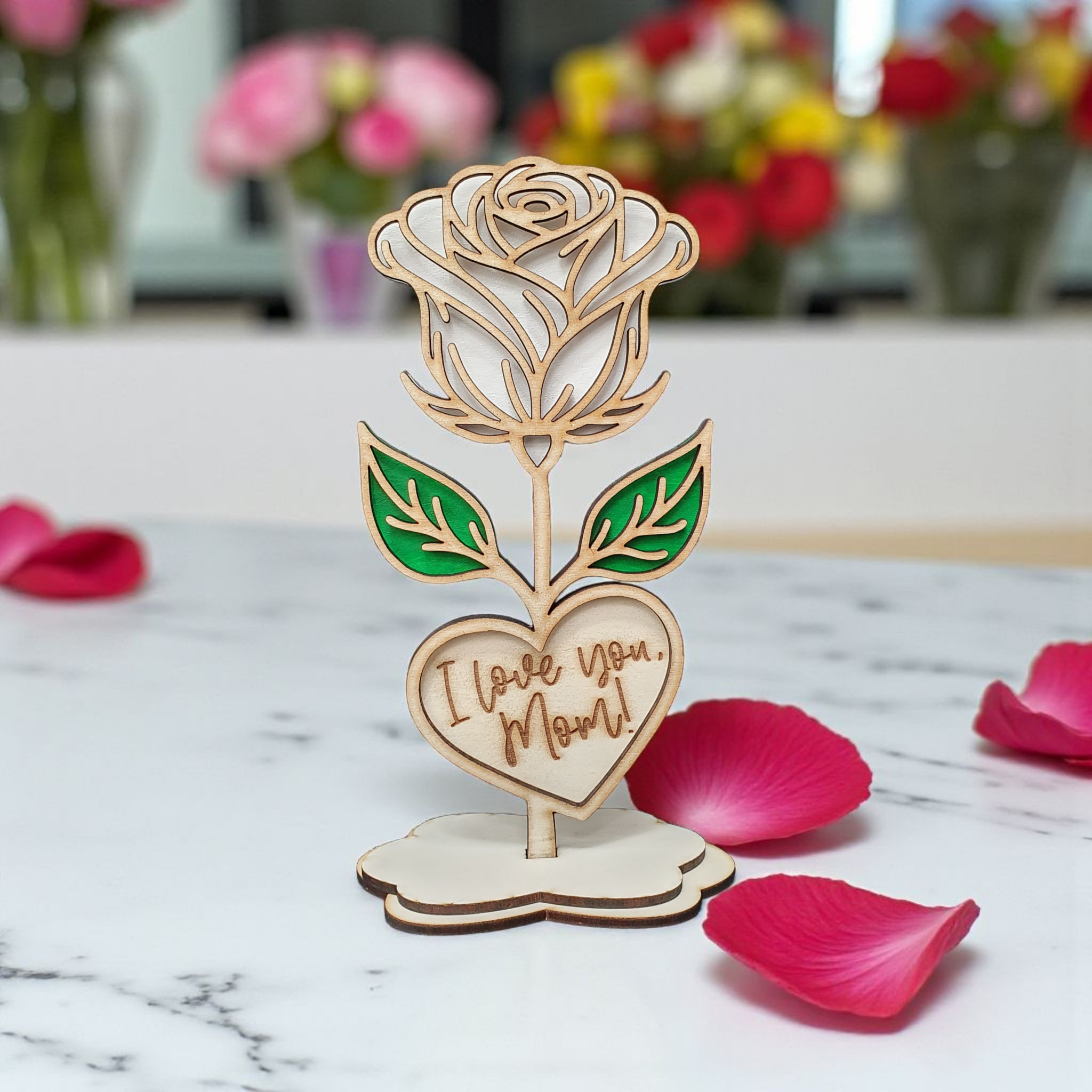 Wooden Rose with Stand – “I Love You Mom!” | Elegant Keepsake Gift