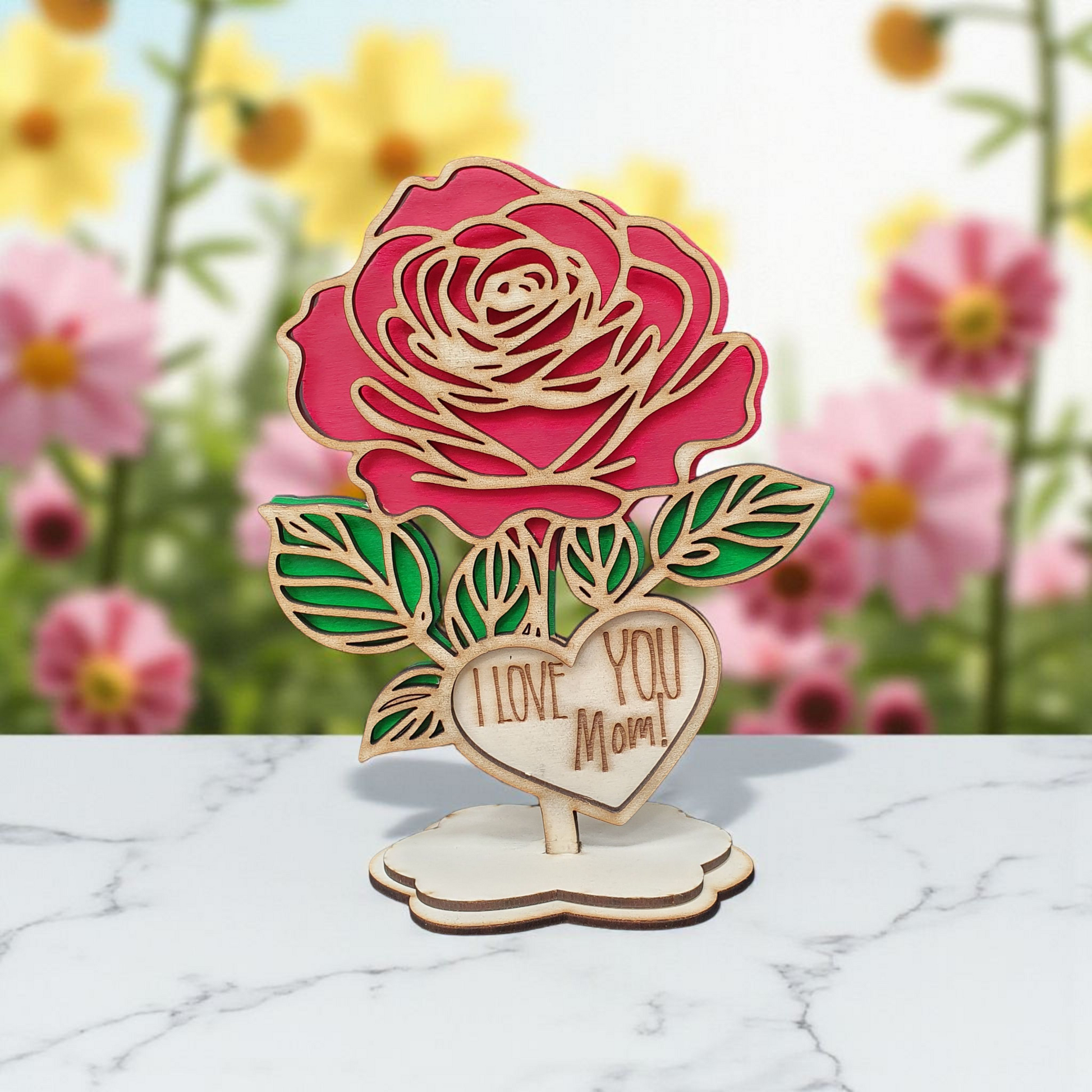 Wooden Rose with Stand – “I Love You Mom!” | Heartfelt Keepsake Gift