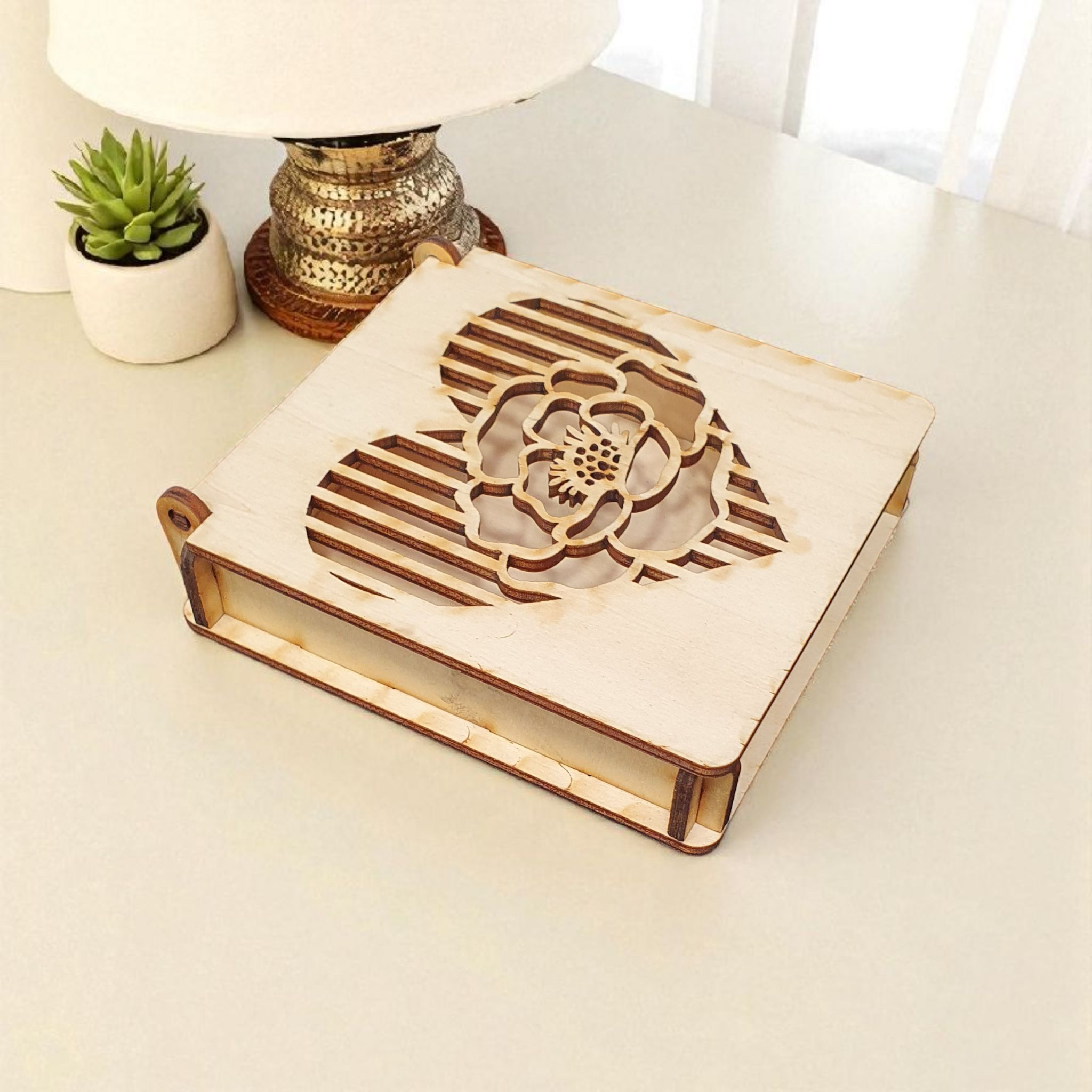 Small Trinket Box with Heart & Flower | Handmade Wooden Keepsake Box