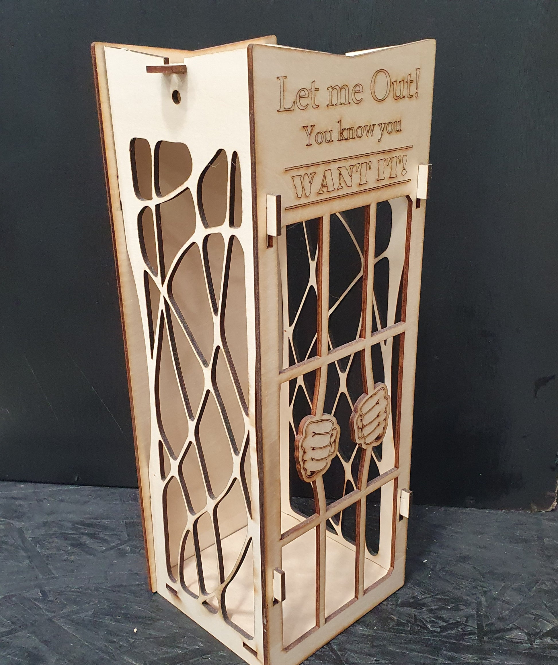 Wooden “Let Me Out Of Here” Wine Bottle Holder | Engraved Wooden Gift Box