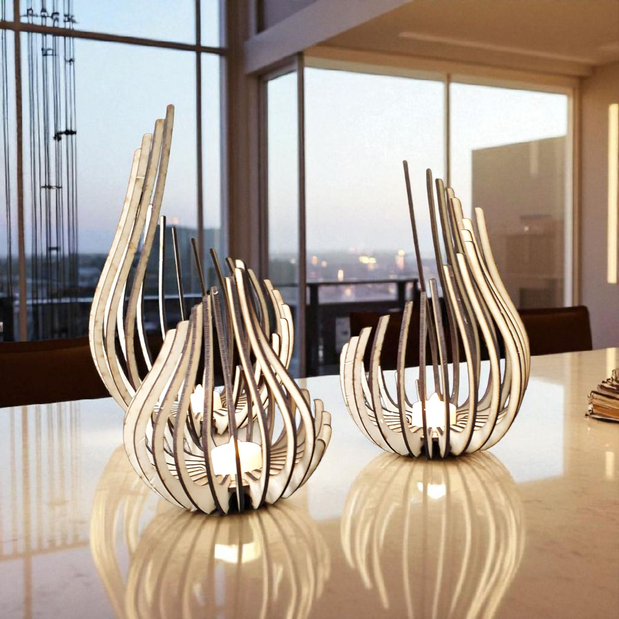 Elegant Modern Minimalist Laser-Cut Tealight Holders | Wooden Lantern Set