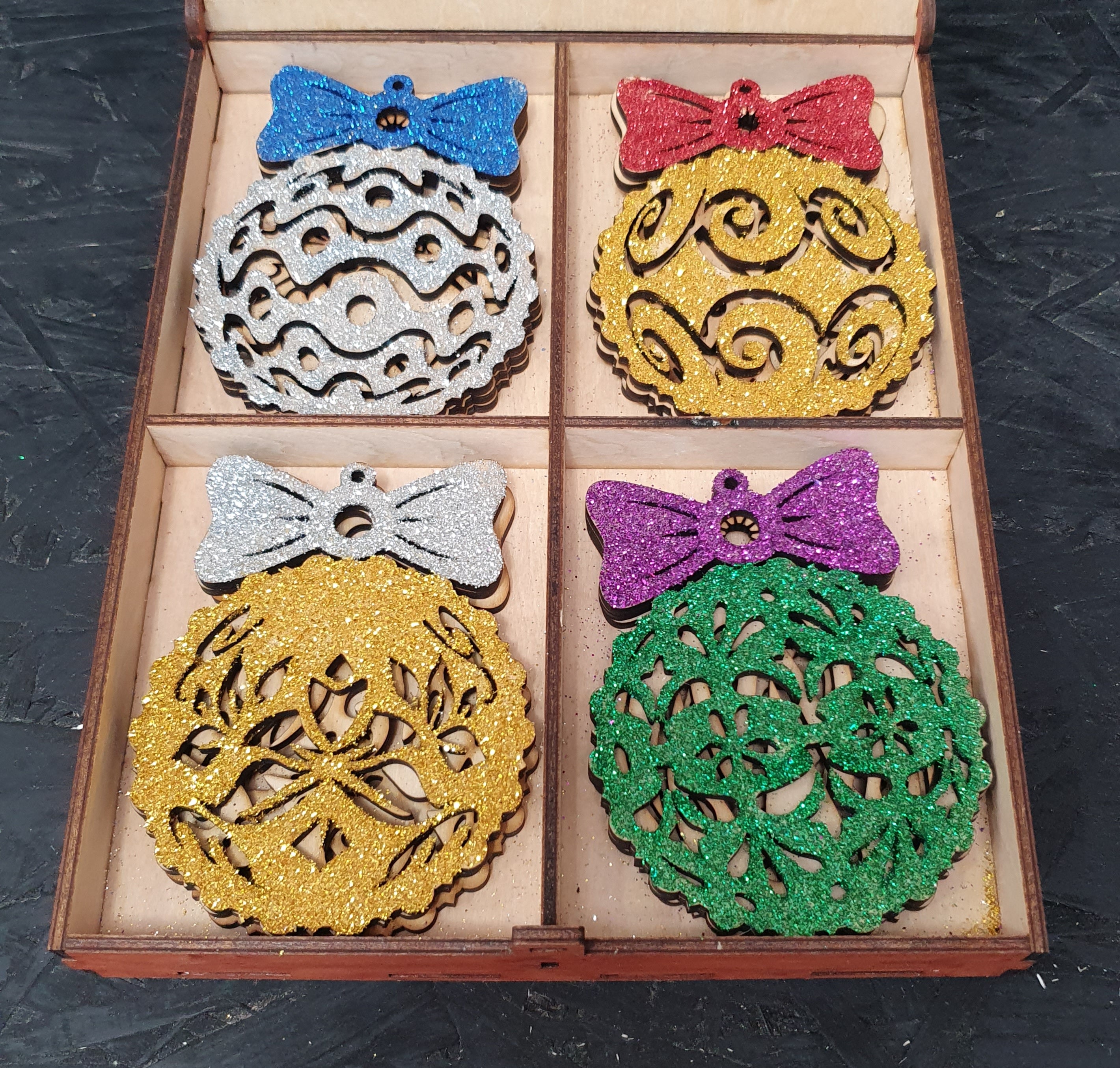 Wooden Box of 12 Laser-Cut Christmas Balls | DIY Ornament Craft Kit