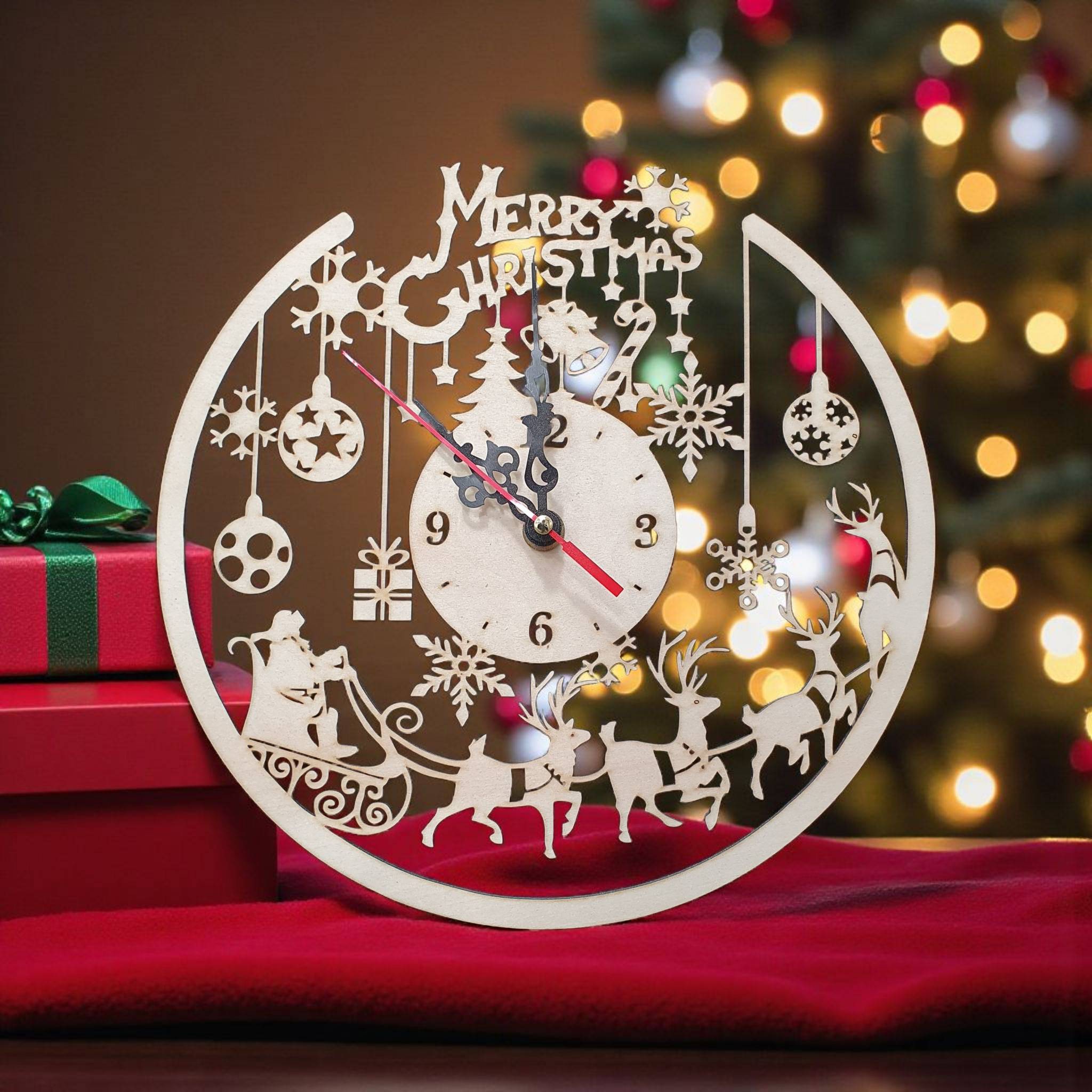 Laser-Cut Wooden Christmas Wall Clock | Santa Sleigh Festive Décor