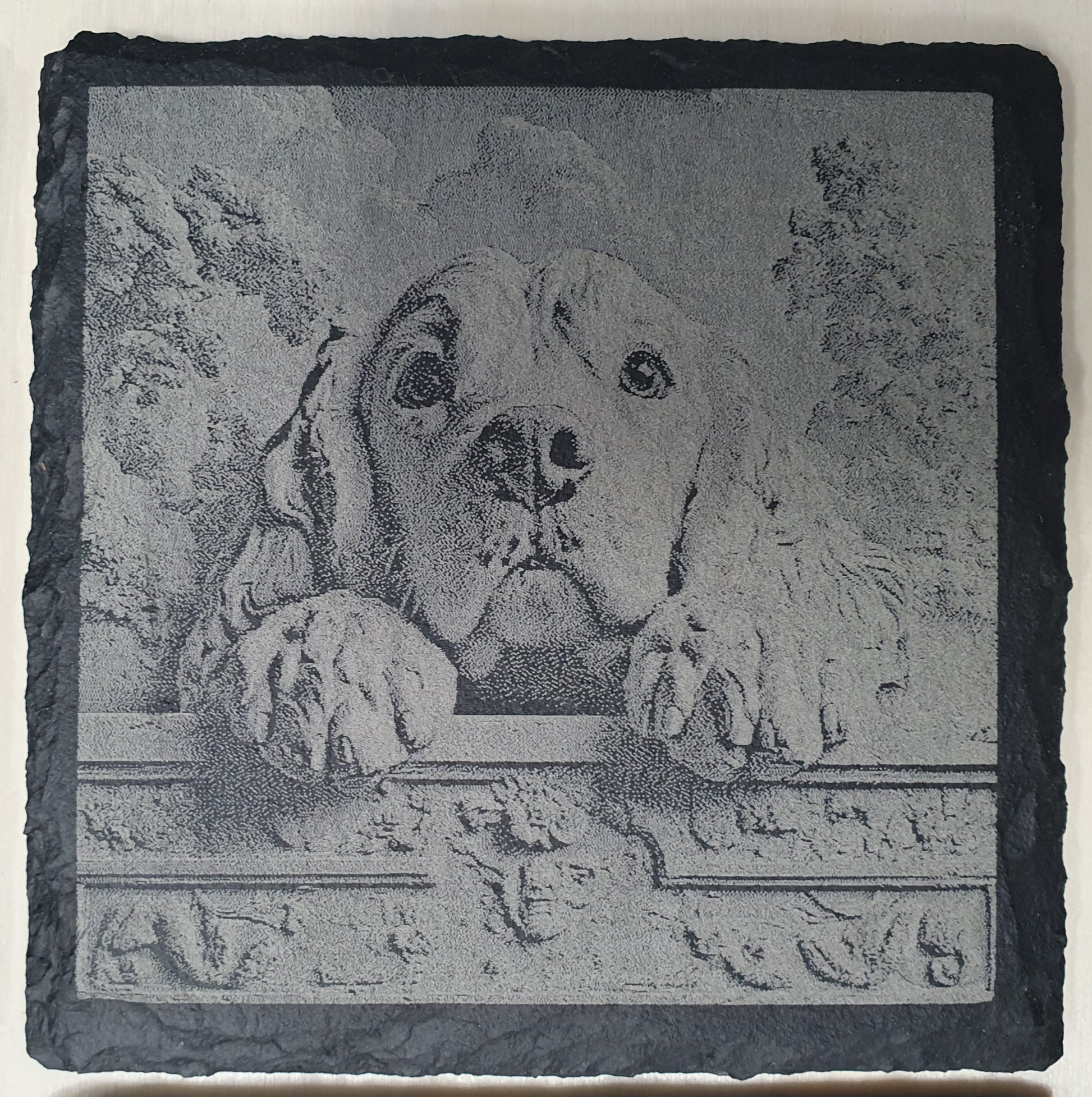 Decorative stone with a engraved image of a dog and floral design on a gray background