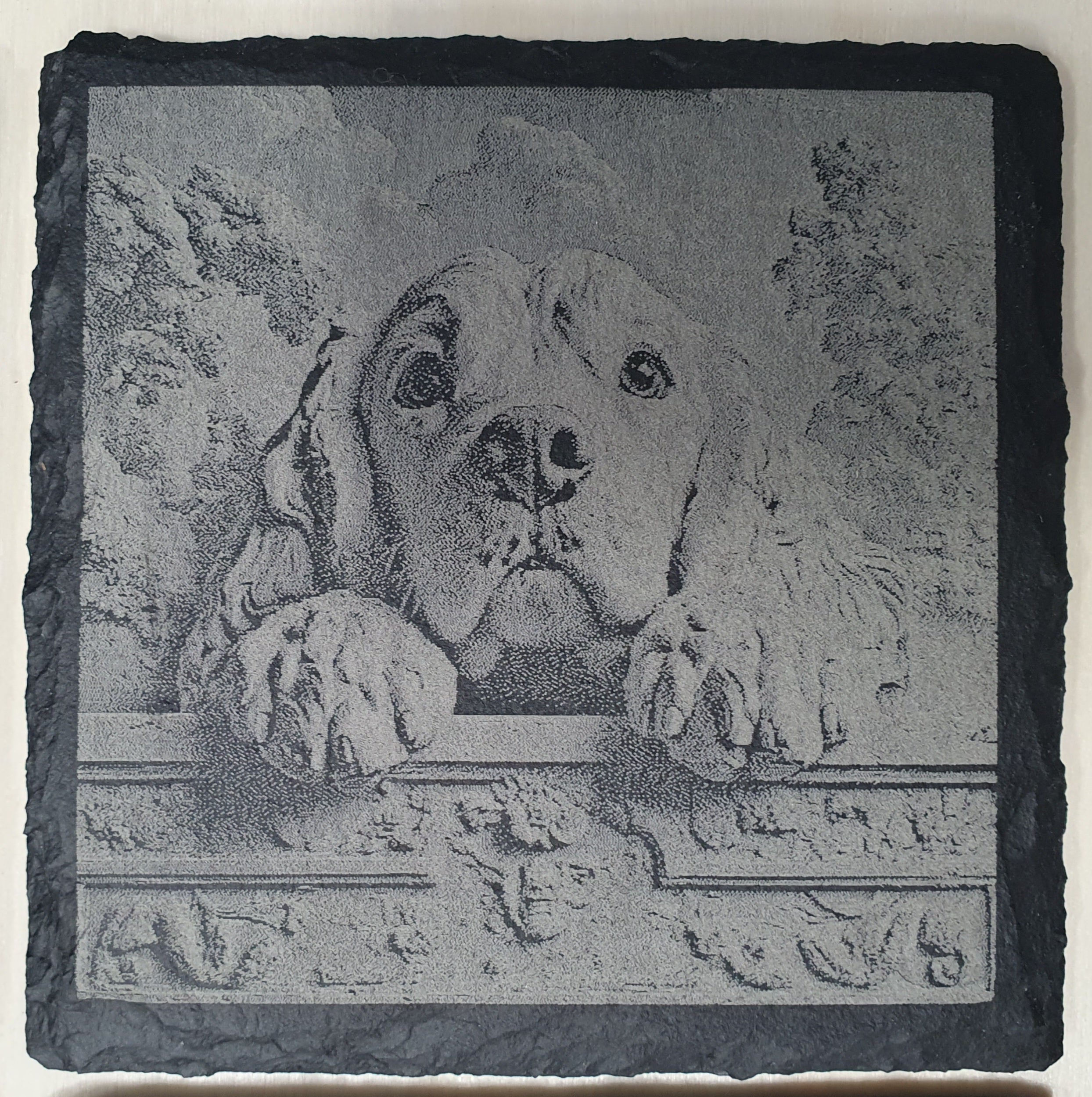 Decorative stone with a engraved image of a dog and floral design on a gray background