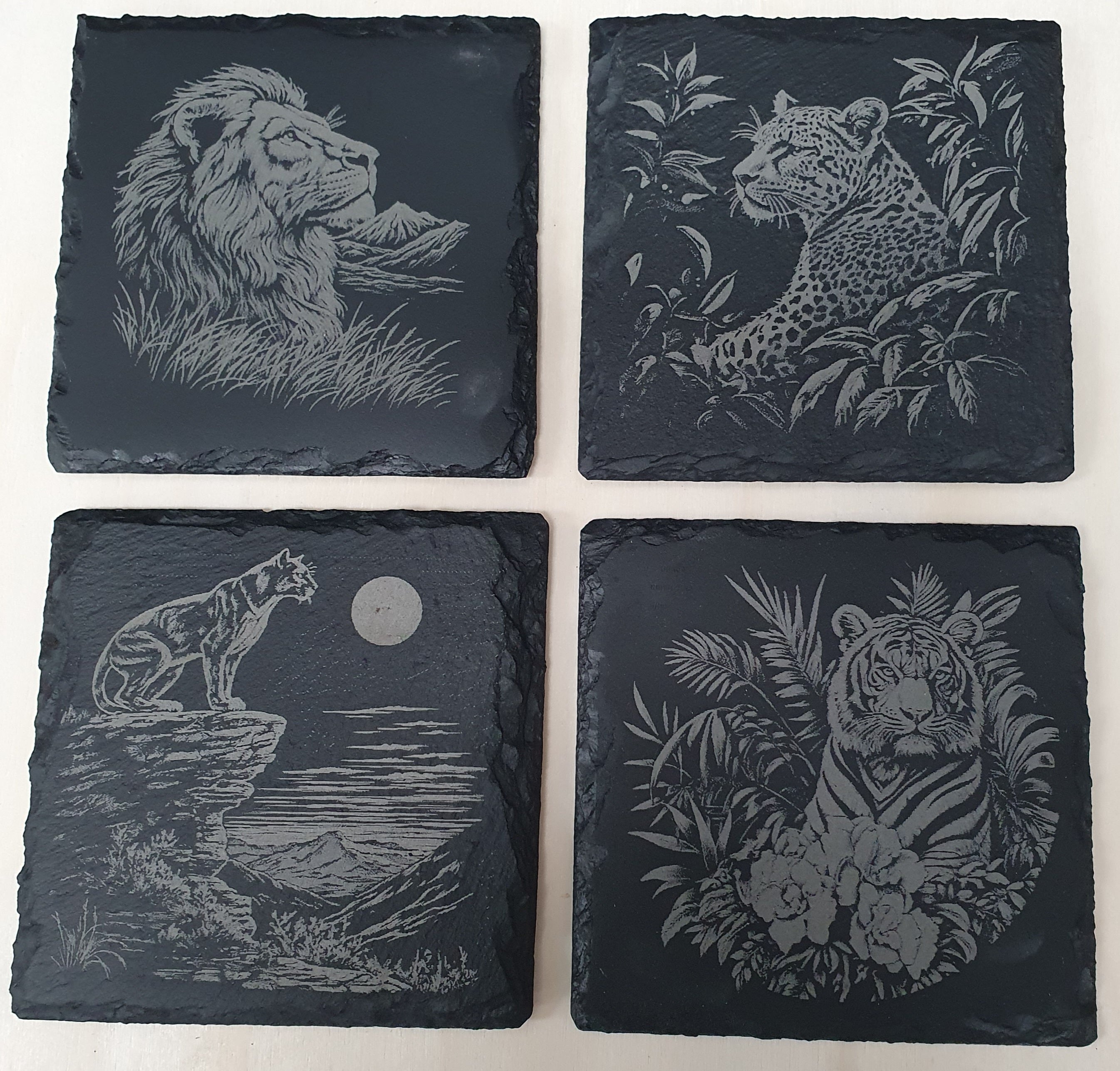 4-Piece Laser-Engraved Big Cat Slate Tile Set