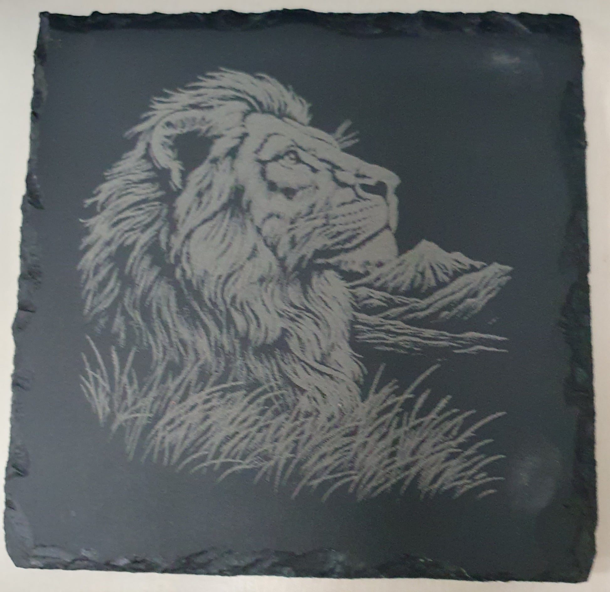 Slate tile with engraved lion design.