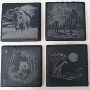 4-Piece Engraved Wildlife Slate Coaster Set - Giraffe, Bison, Elephant & Panda