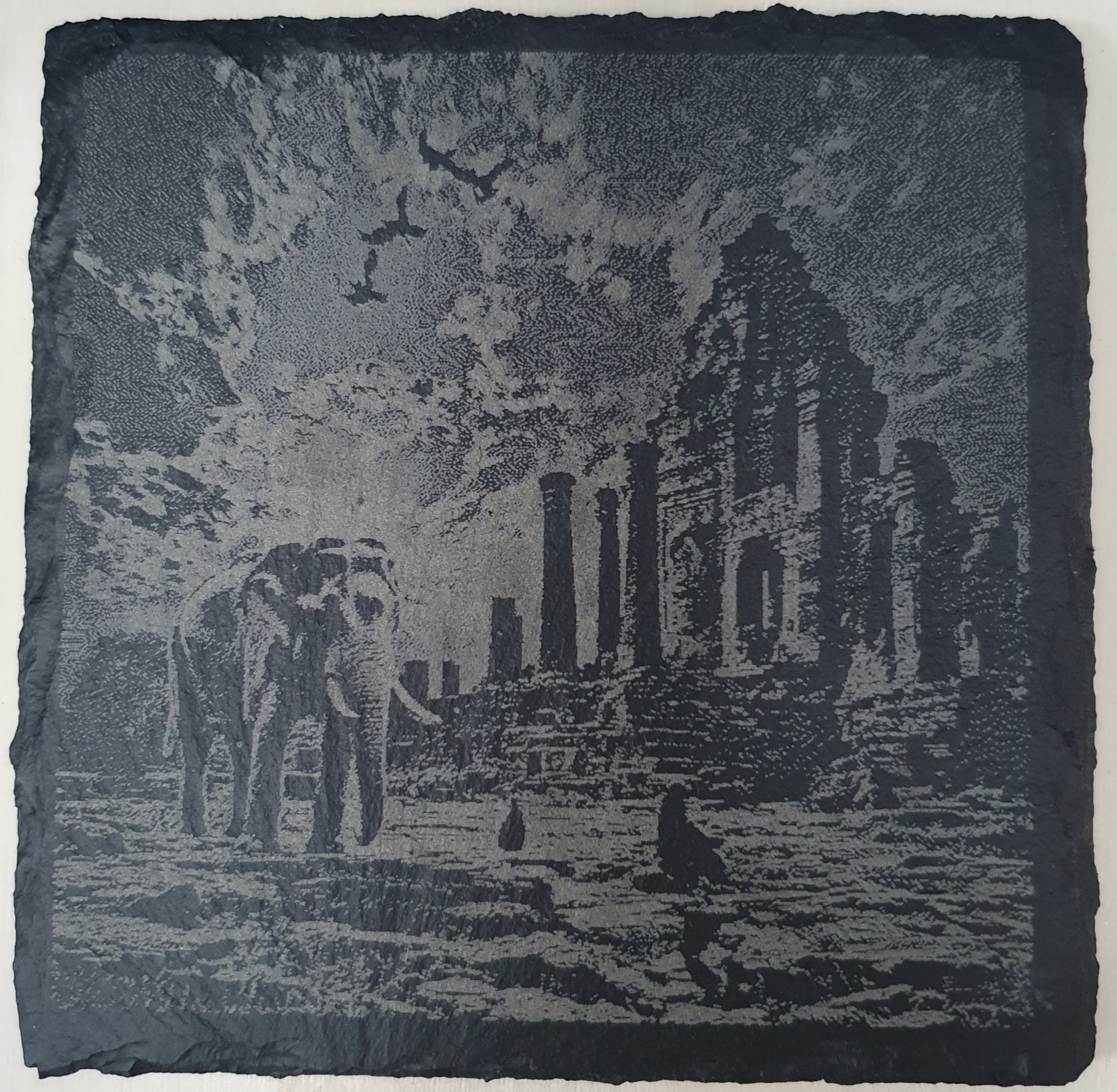 4-Piece Engraved Wildlife Slate Coaster Set - Giraffe, Bison, Elephant & Panda