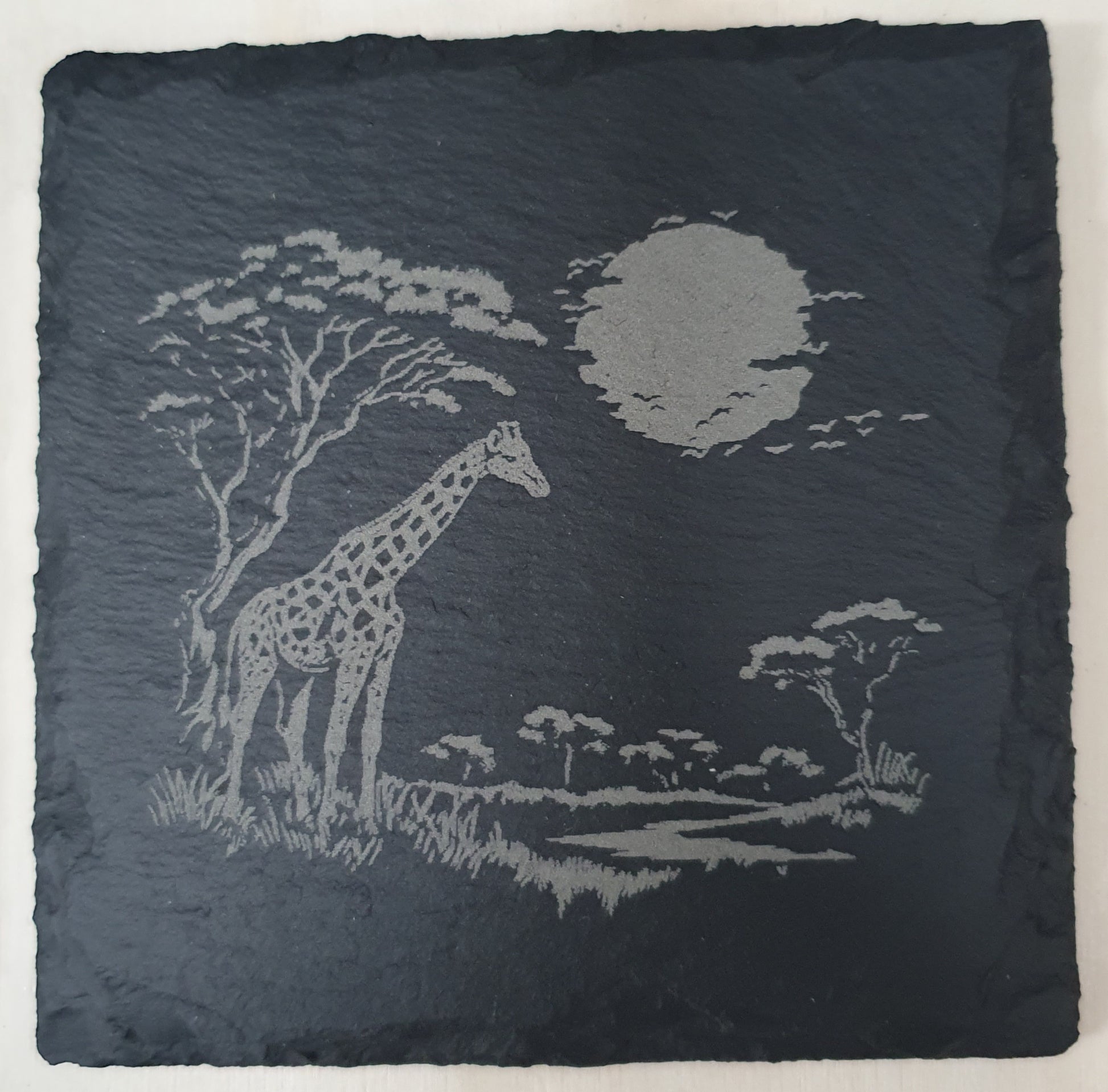 4-Piece Engraved Wildlife Slate Coaster Set - Giraffe, Bison, Elephant & Panda