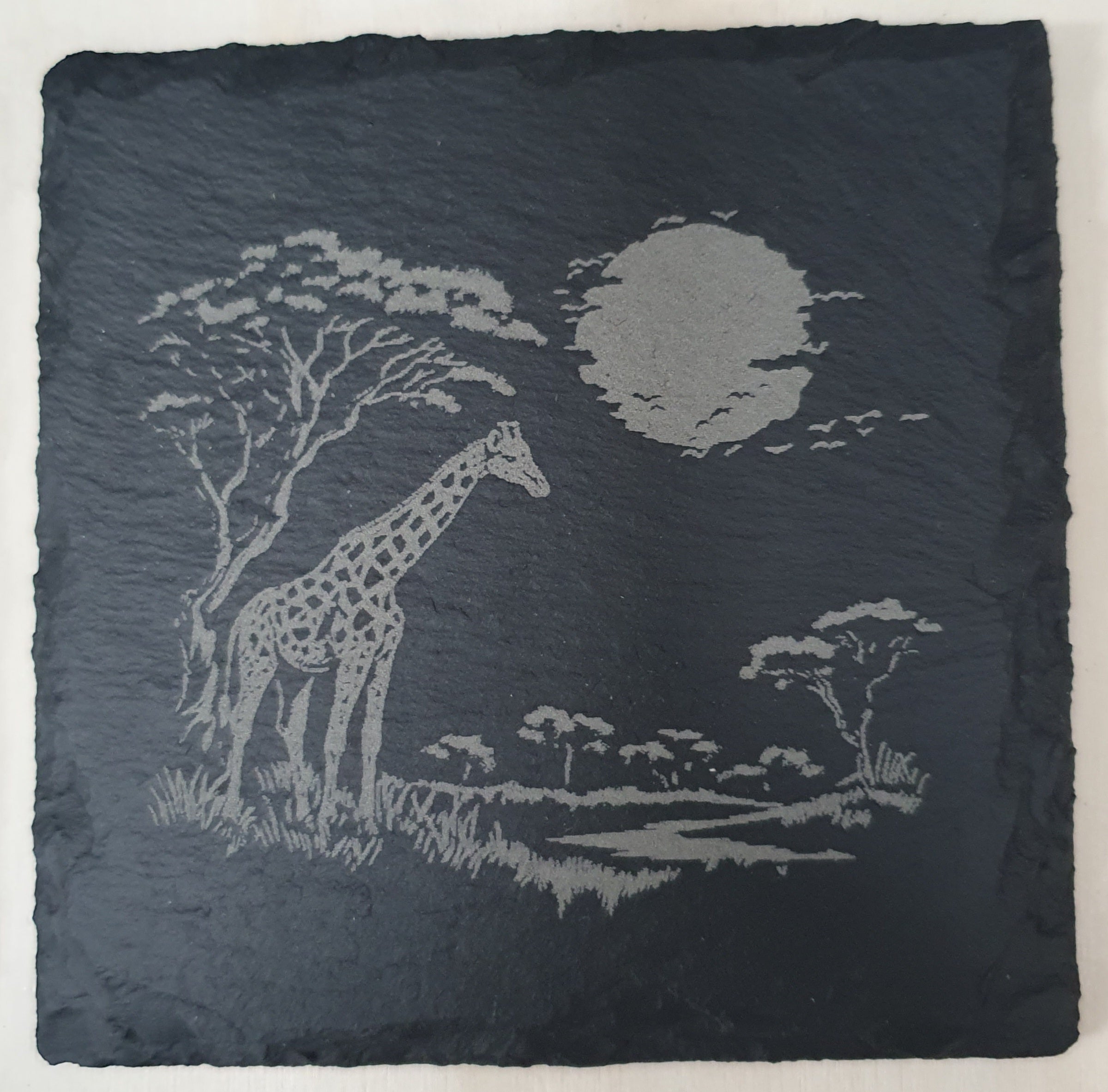 4-Piece Engraved Wildlife Slate Coaster Set - Giraffe, Bison, Elephant & Panda