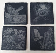 4-Piece Laser-Engraved Birds of Prey Slate Tile Set | Eagle, Owl, Falcon & Kestrel