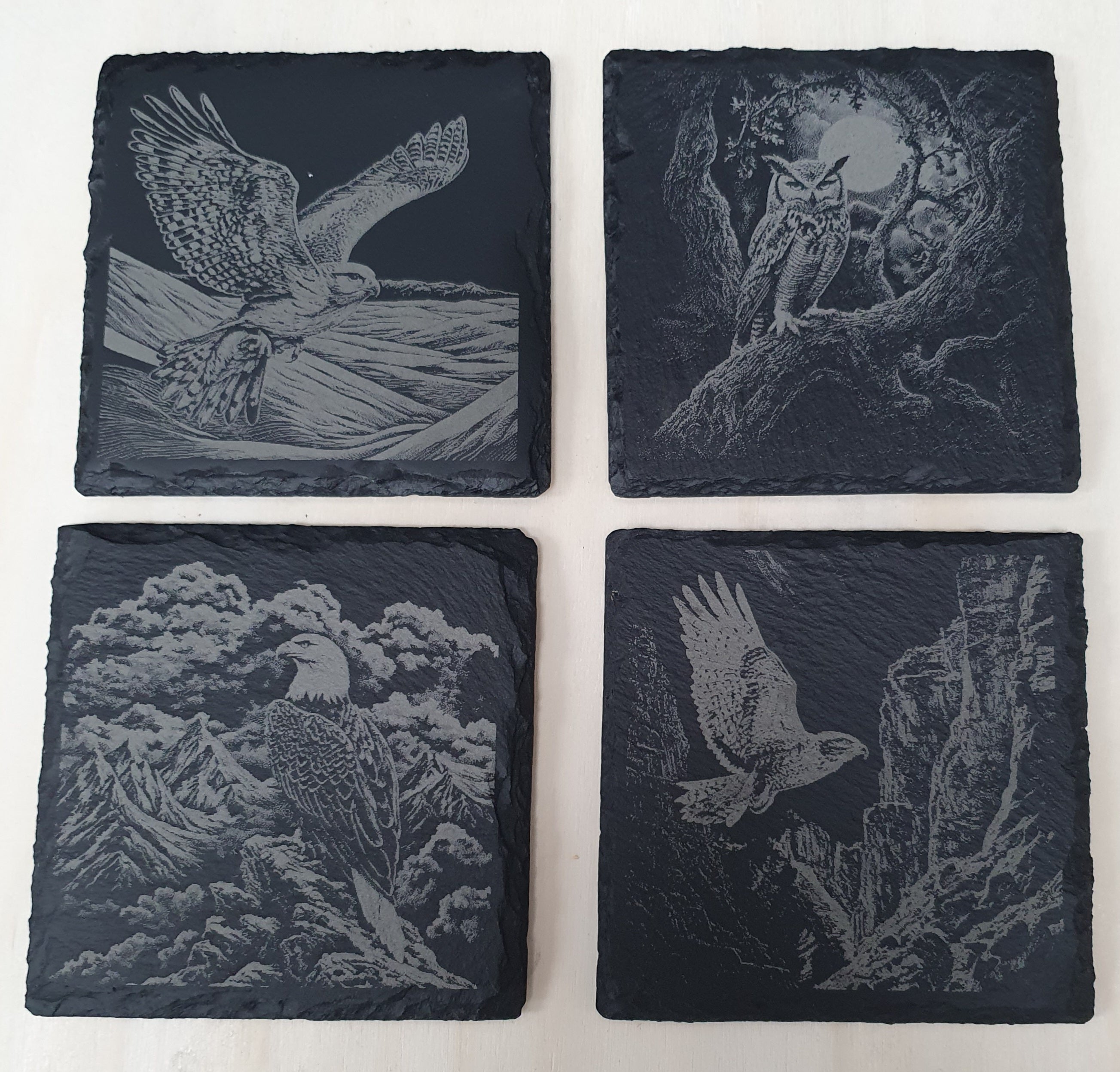 4-Piece Laser-Engraved Birds of Prey Slate Tile Set | Eagle, Owl, Falcon & Kestrel