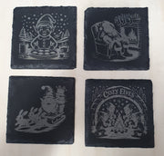 4-Piece Engraved Christmas Slate Coaster Set | With Complimentary Wooden Storage Box
