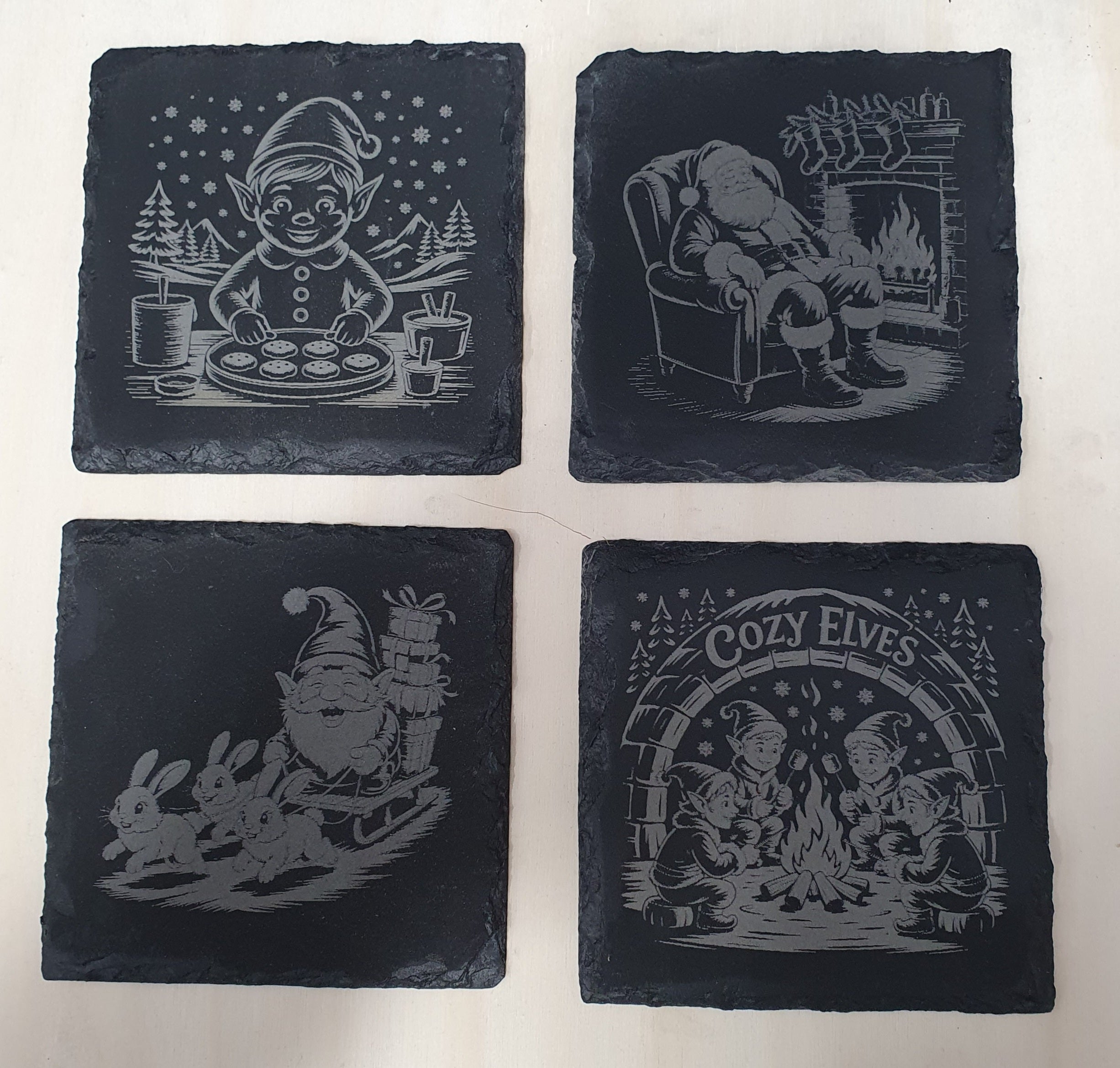 4-Piece Engraved Christmas Slate Coaster Set | With Complimentary Wooden Storage Box