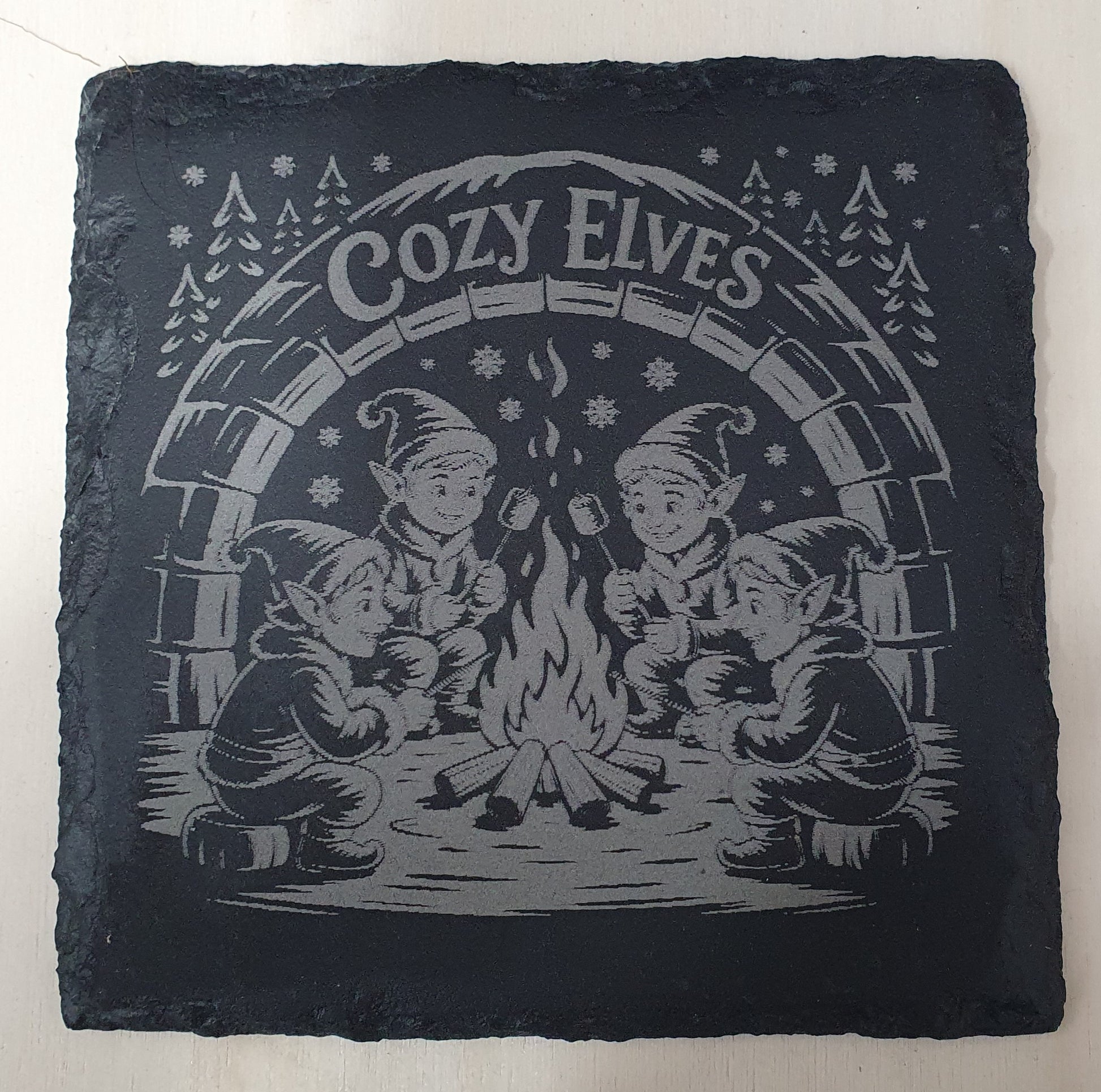 4-Piece Engraved Christmas Slate Coaster Set | With Complimentary Wooden Storage Box