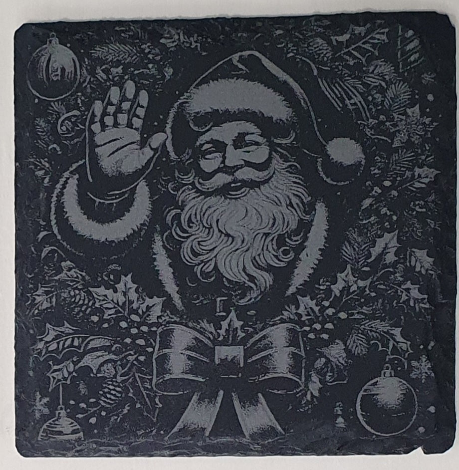Decorative coaster with a vintage-style illustration of Santa Claus surrounded by Christmas elements.