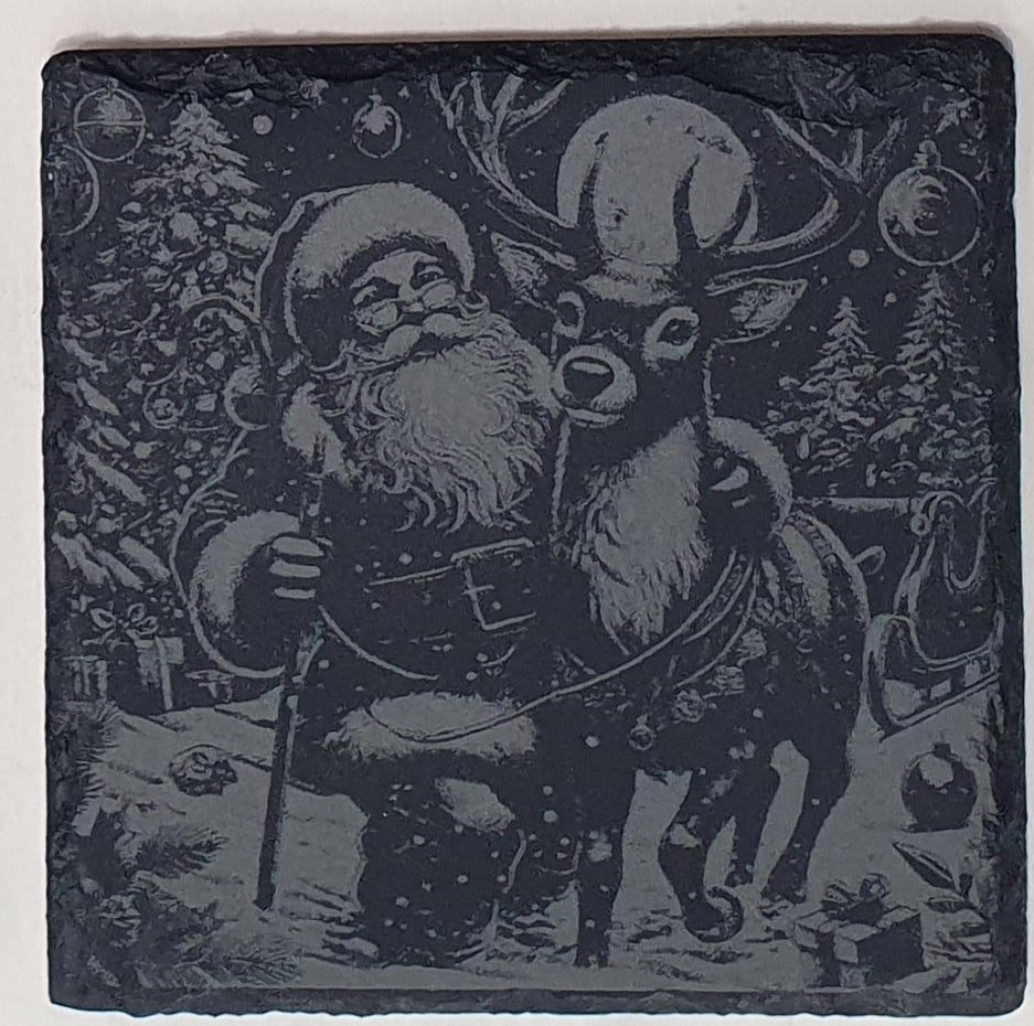 Decorative coaster with a black and white illustration of Santa Claus and a reindeer on a snowy background.