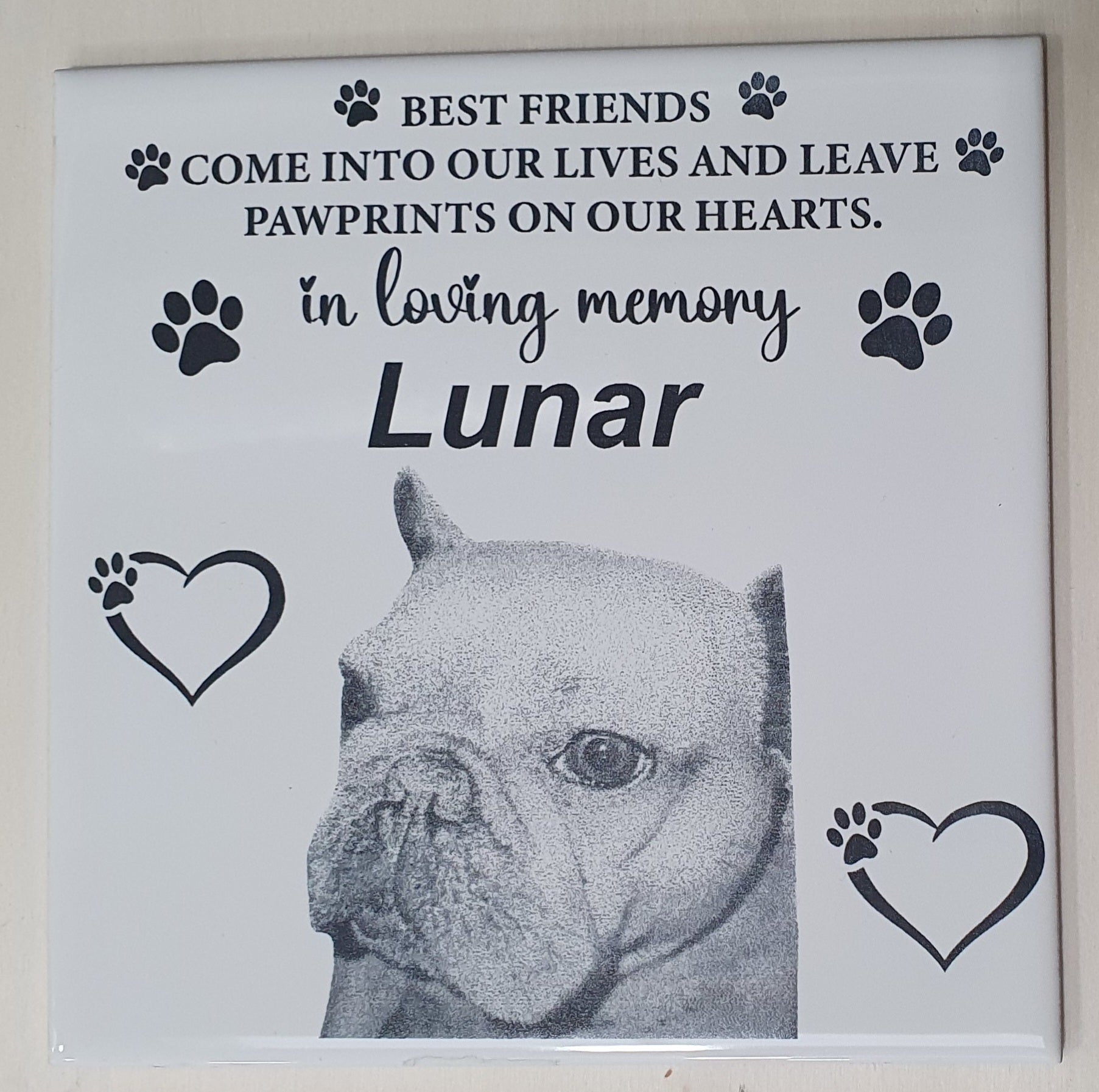 White Tile with custom In memory off a pet with the pets picture engraved