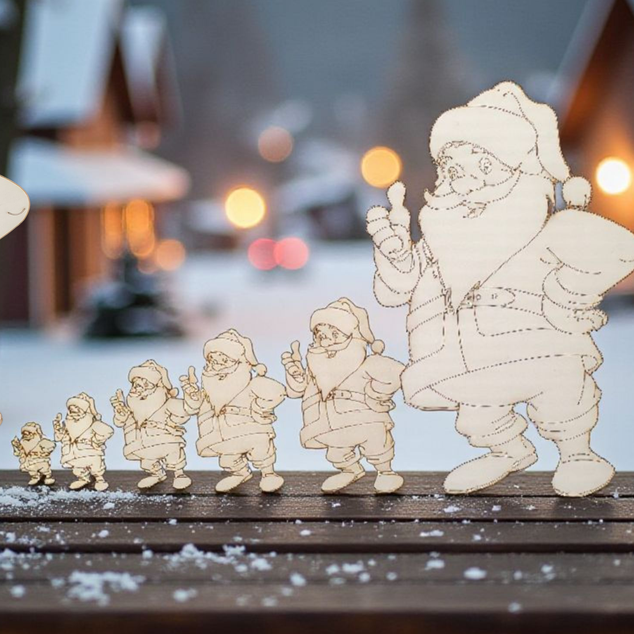 Wooden Santa Claus cut out figure ready to paint in various sizes.