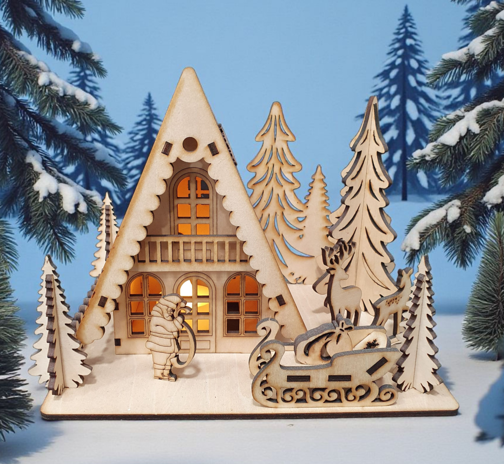 Laser Cut Wooden Christmas Scene | Light-Up Cabin & Reindeer Decor