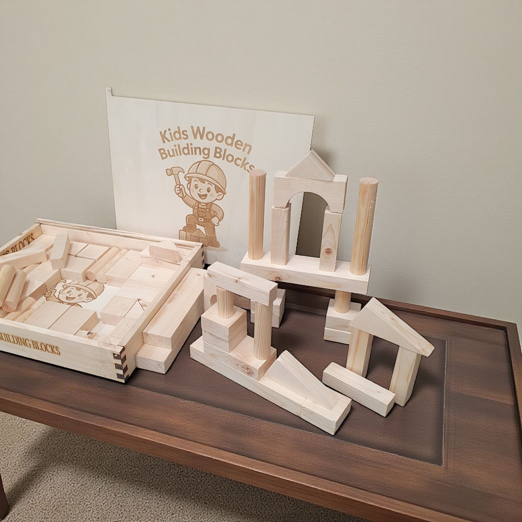 Wooden Montessori building blocks for toddlers displayed inside slide-top storage box