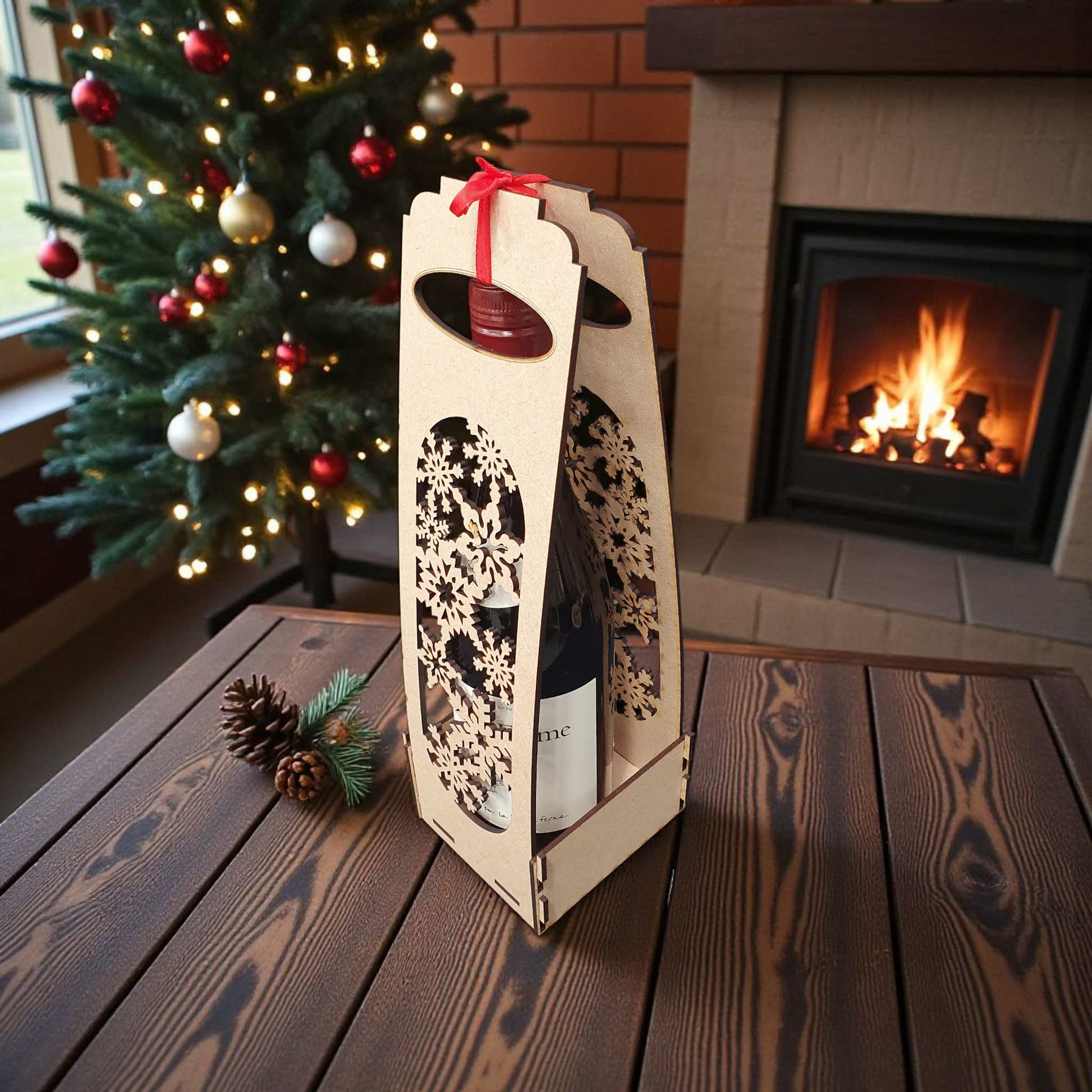 Festive Snowflake Wooden Wine Bottle Holder – Flat-Packed Christmas Gift Display for Standard Bottles (34cm x 11cm)