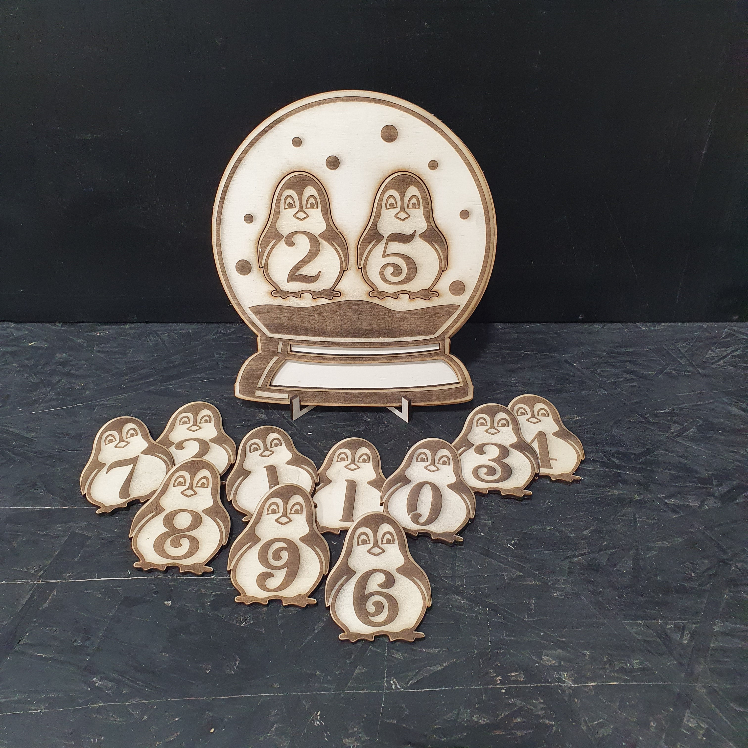 Personalised Penguin Globe Christmas Countdown – Wooden Advent Decor with Numbered Cut-Outs & Stand 