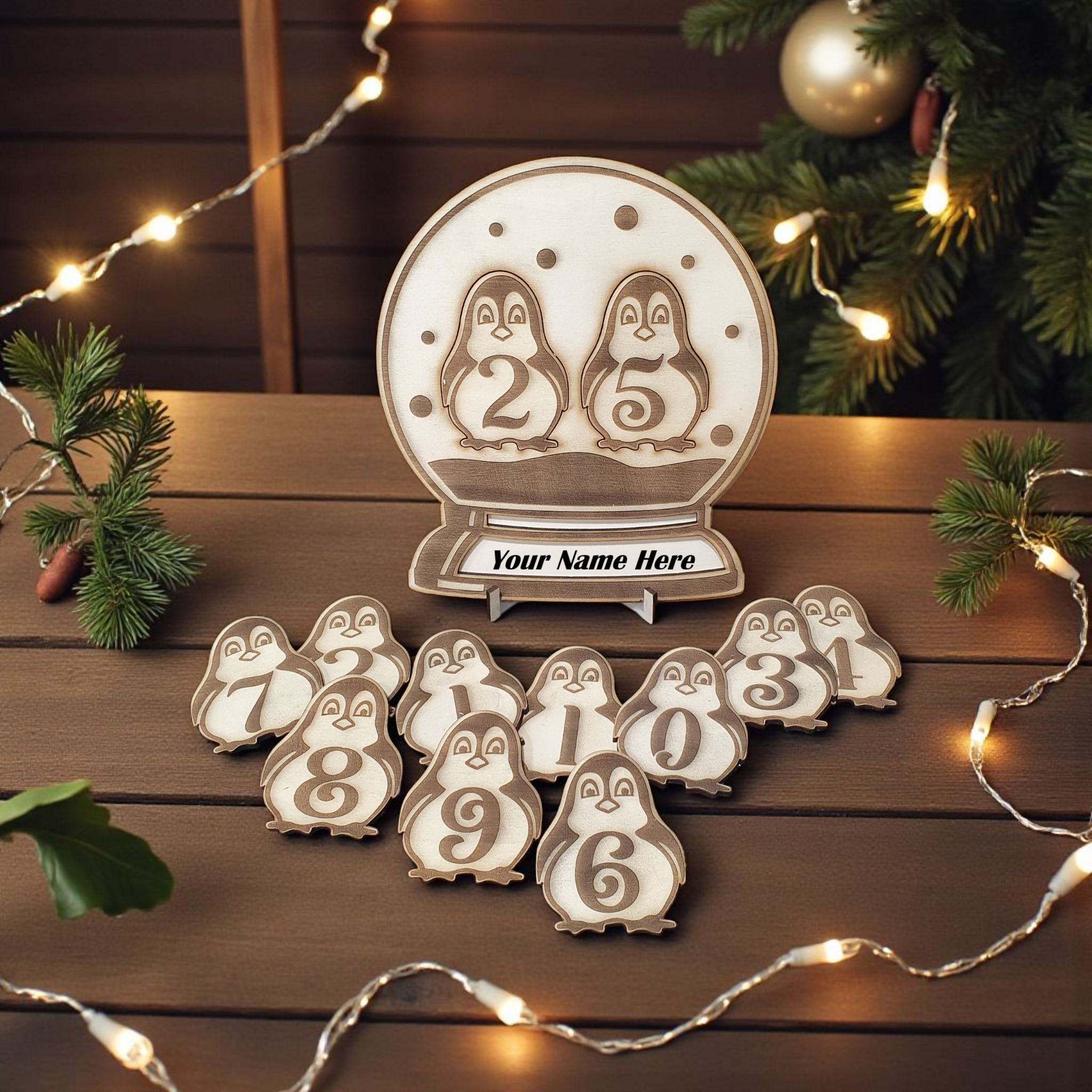 Personalised Penguin Globe Christmas Countdown – Wooden Advent Decor with Numbered Cut-Outs & Stand 