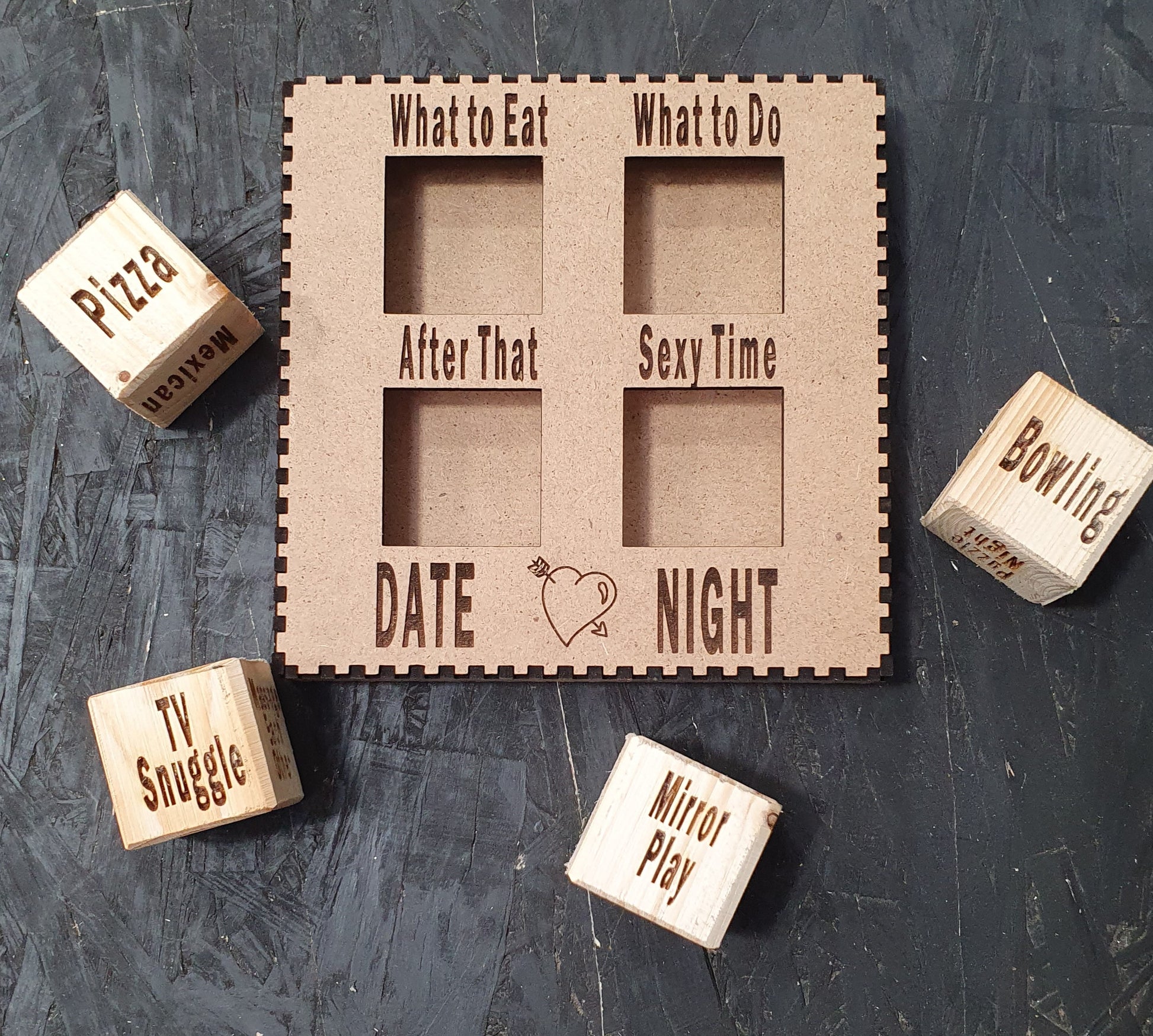 Date Night Dice – Wooden Couples Game Set | Funny Romantic Decision Dice for What to Eat, What to Do, After That & Sexy Time