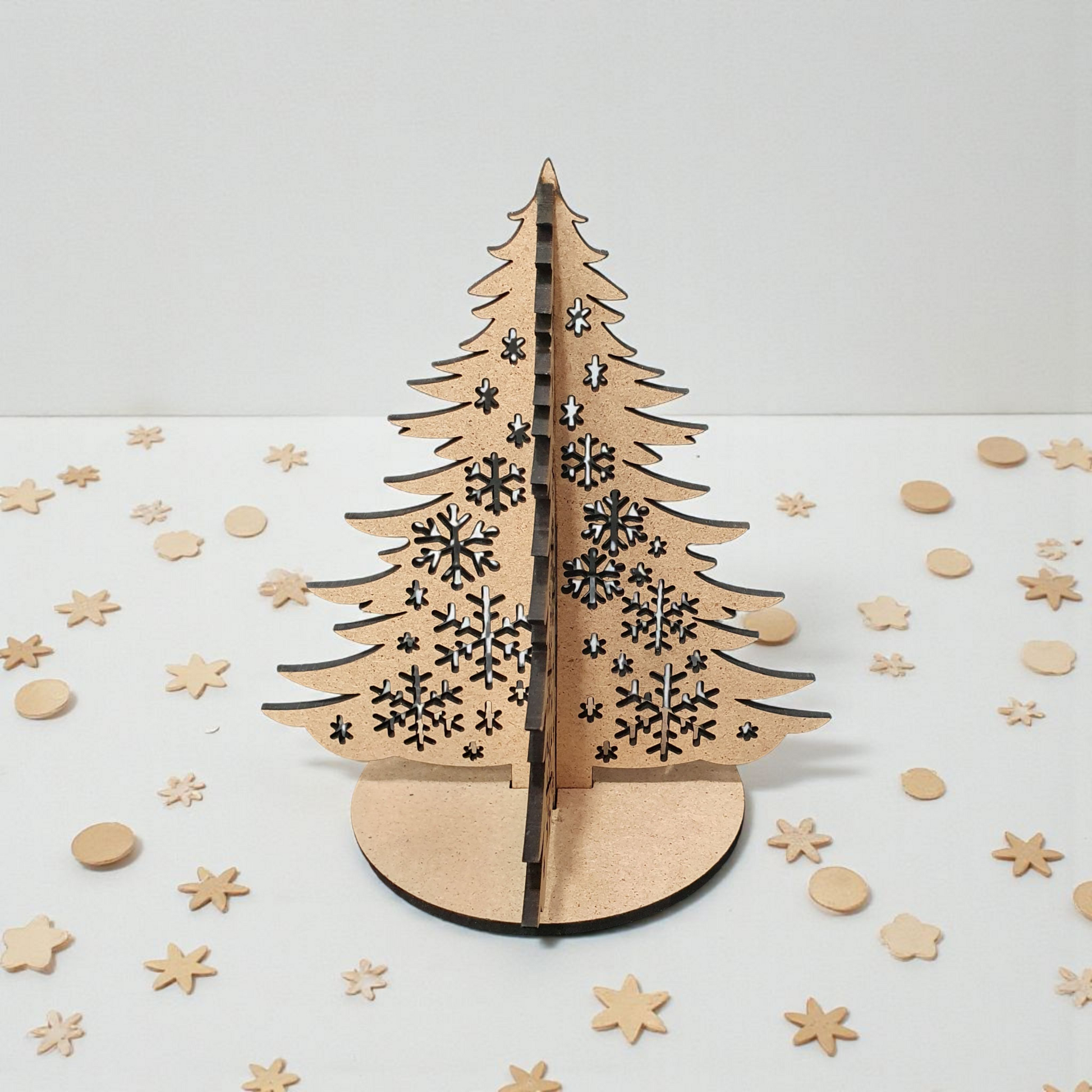 Mini MDF Christmas Trees – Tabletop Decorative Trees with Laser-Cut Snowflakes | Flat-Packed, Easy Assembly (14cm)