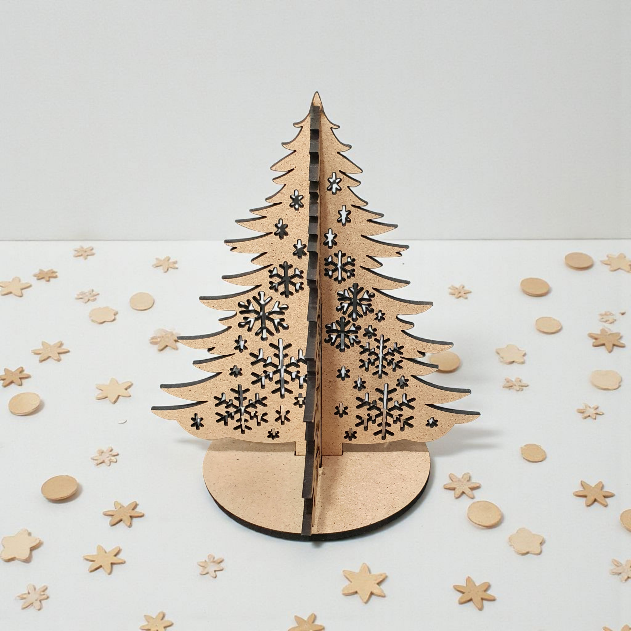 Mini MDF Christmas Trees – Tabletop Decorative Trees with Laser-Cut Snowflakes | Flat-Packed, Easy Assembly (14cm)