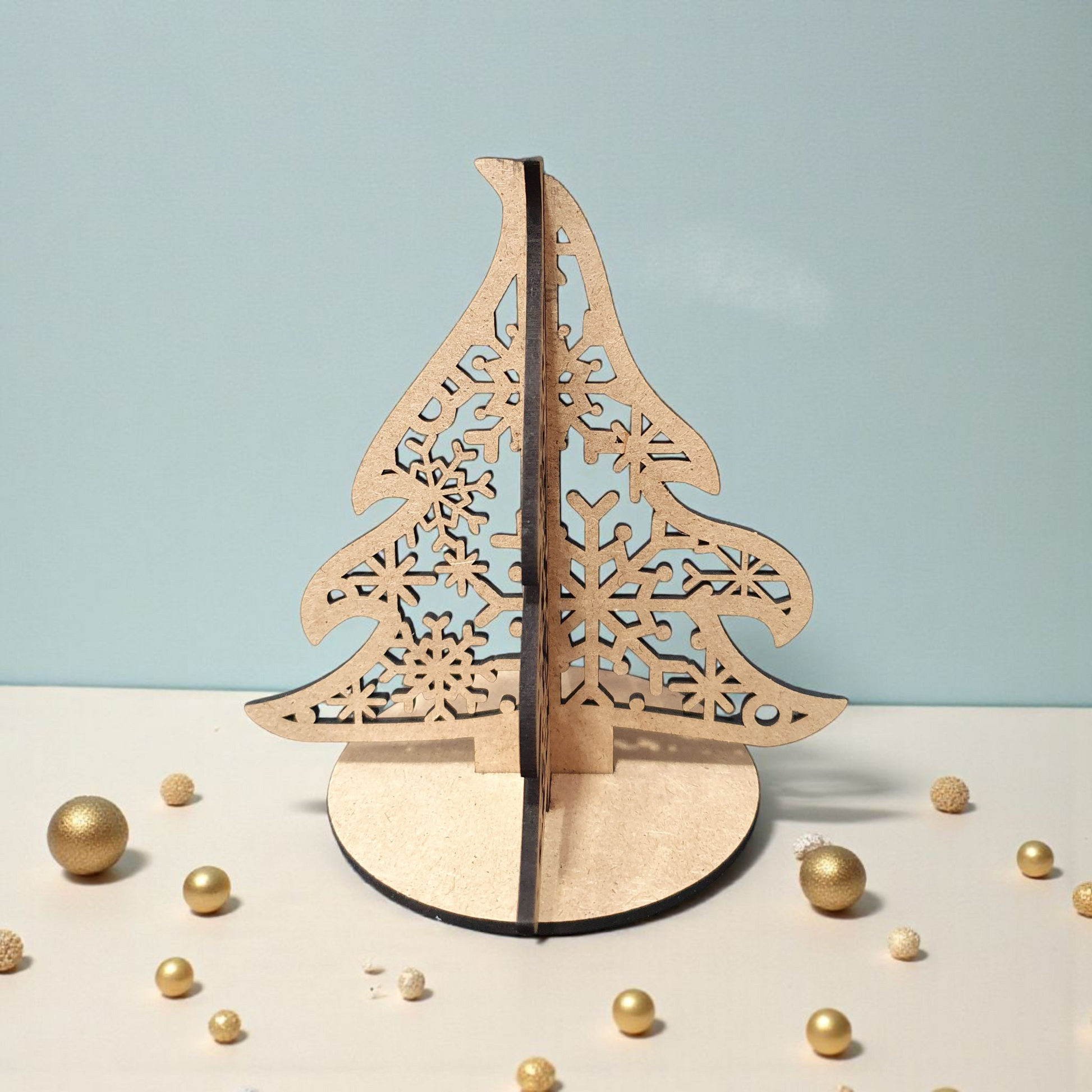 MDF Mini Christmas Trees – Laser-Cut Snowflake Tabletop Décor | Easy Slot-Together Design (14cm)