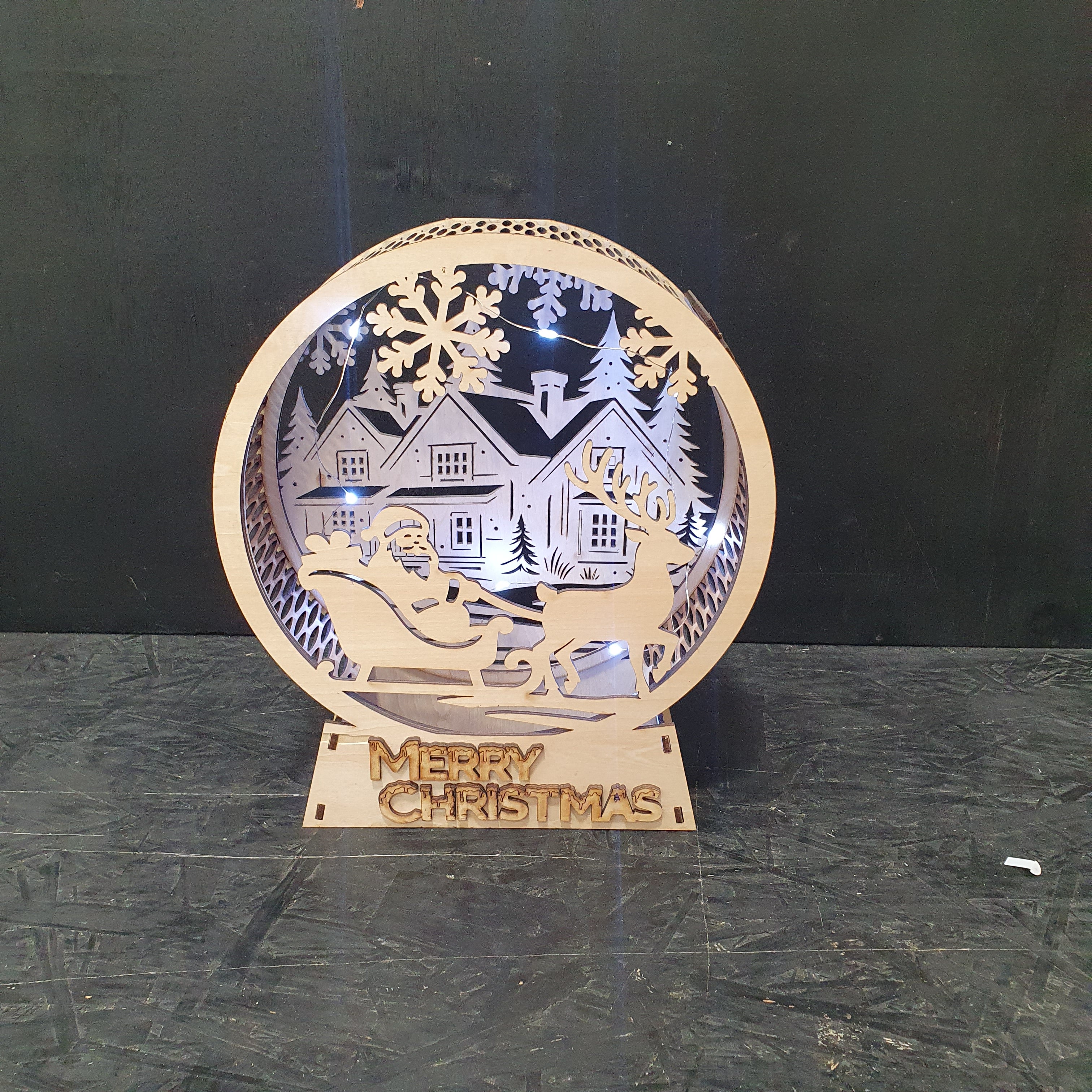 Christmas Scene Lantern – Laser-Cut Wooden Winter Wonderland Light with Santa & Reindeer | LED Night Light Décor