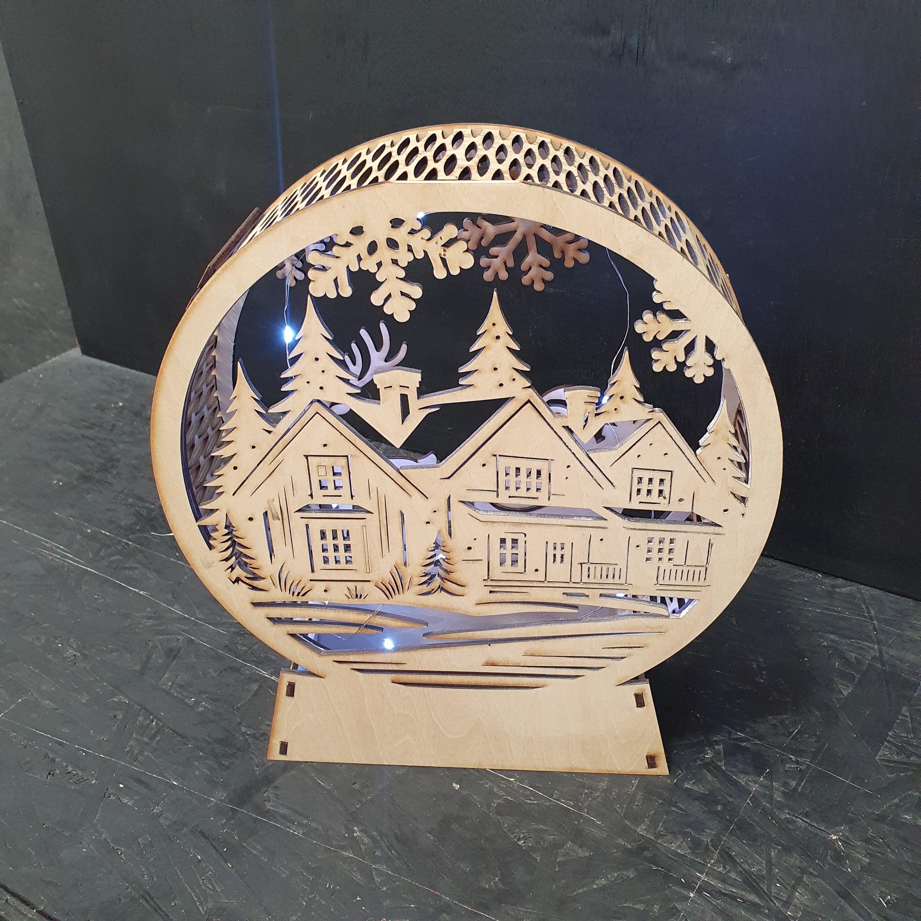 Christmas Scene Lantern – Laser-Cut Wooden Winter Wonderland Light with Santa & Reindeer | LED Night Light Décor