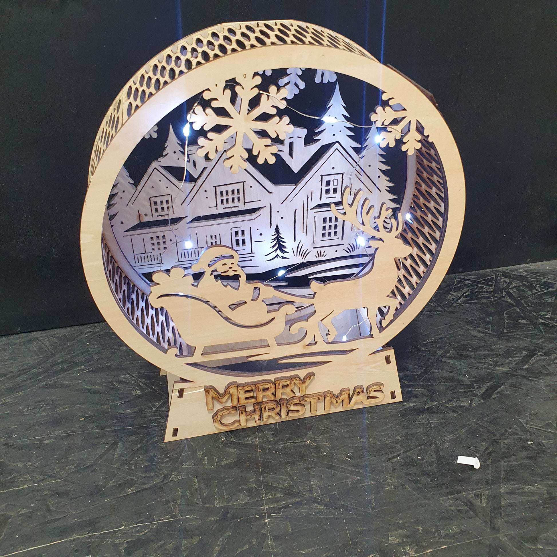 Christmas Scene Lantern – Laser-Cut Wooden Winter Wonderland Light with Santa & Reindeer | LED Night Light Décor