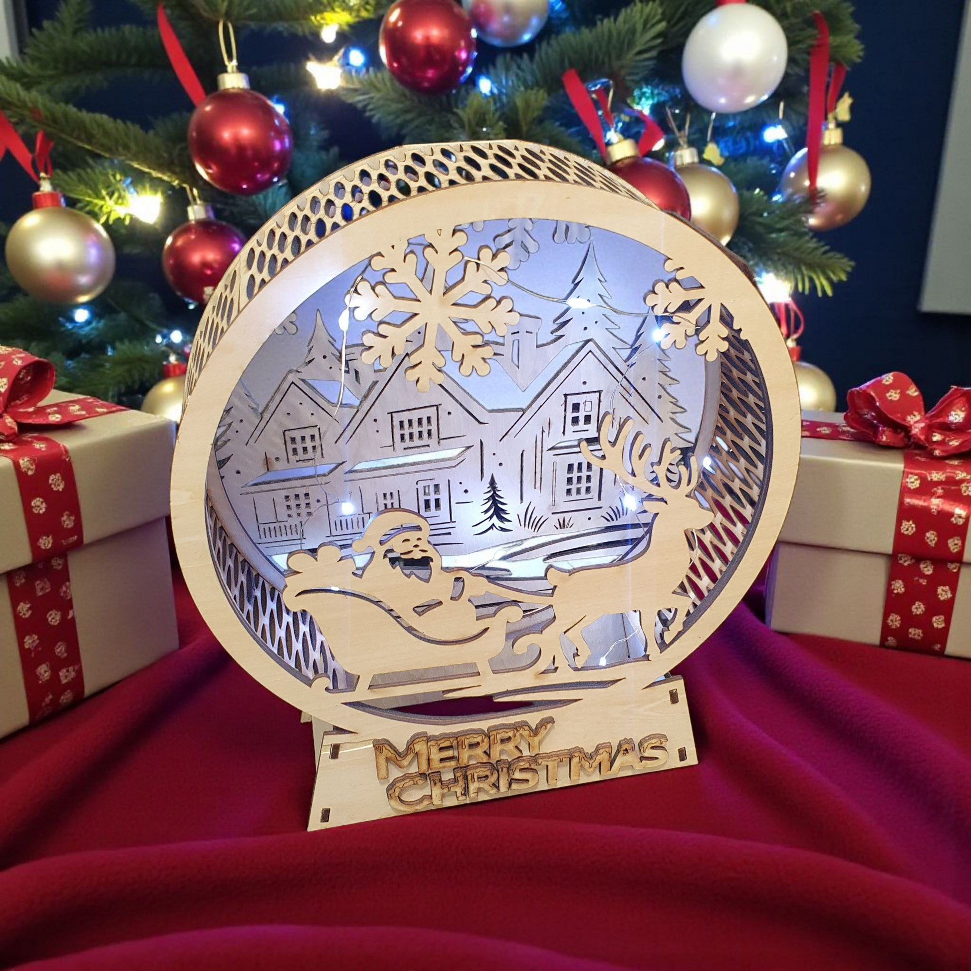 Christmas Scene Lantern – Laser-Cut Wooden Winter Wonderland Light with Santa & Reindeer | LED Night Light Décor