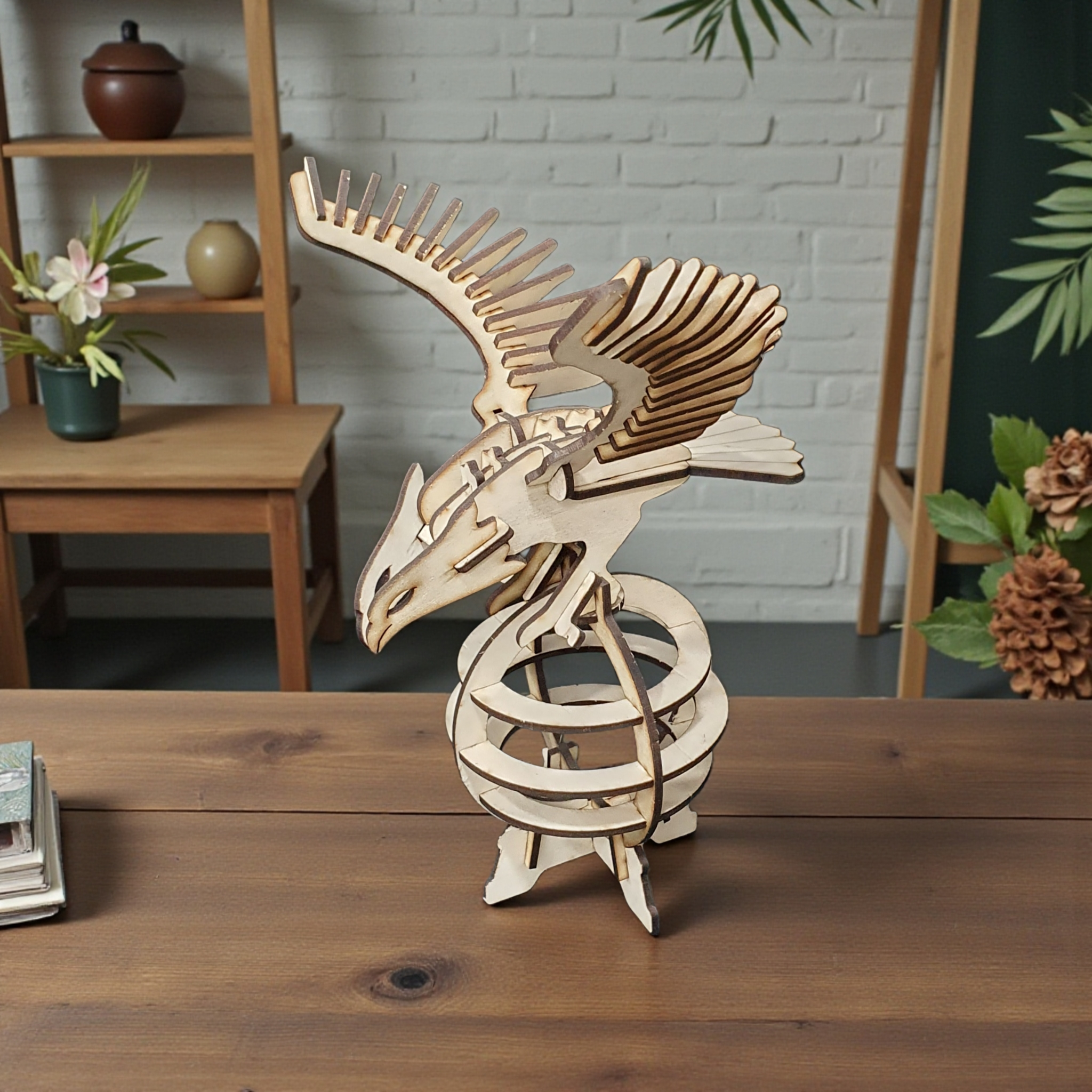 Eagle woodcraft construction model standing 24cm tall with 23cm wingspan